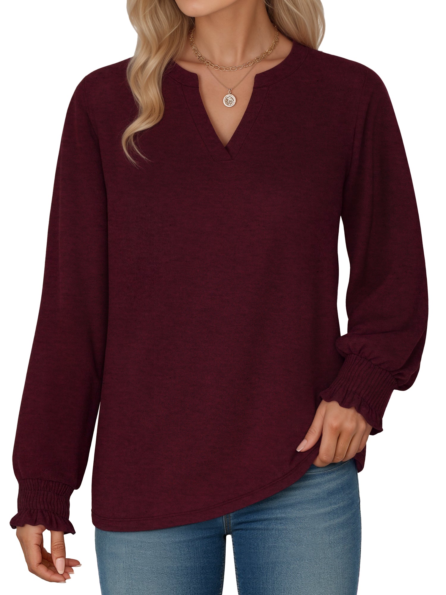 OALUXE Blouses for Women Long Sleeve Shirts V Neck Smocked Cuffs Tunic Tops
