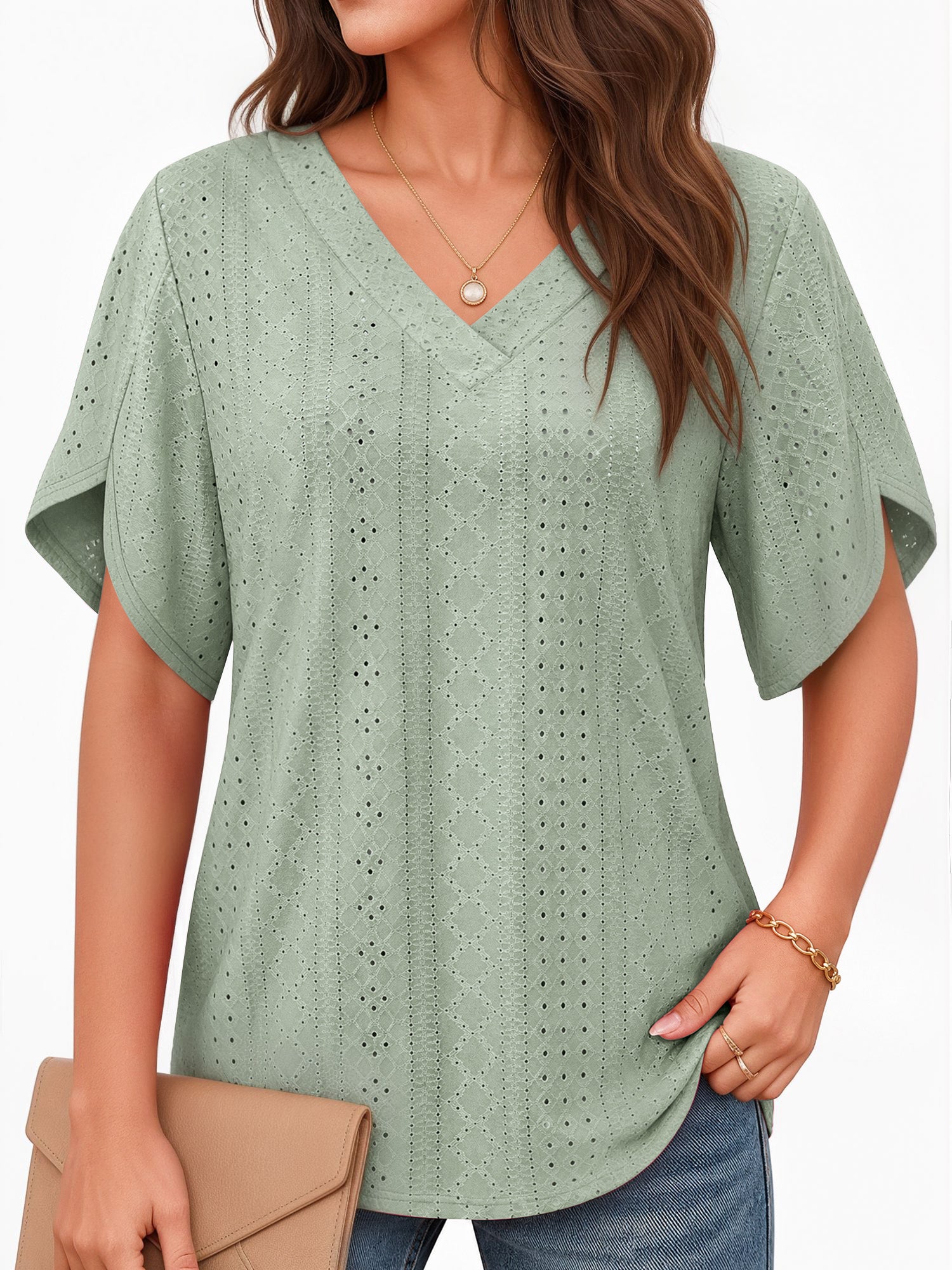 MOYIKO Eyelet Blouses for Women Dressy Casual V Neck Short Sleeve T Shirts Summer Trendy Basic Tees Tunic Tops Loose Fit