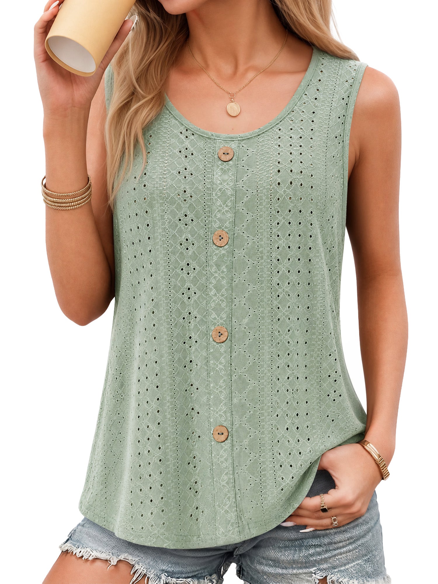 MOYIKO Tank Tops for Women Eyelet Crew Neck Sleeveless Tops Dressy Casual Trendy Flowy Summer Shirts Loose Fit