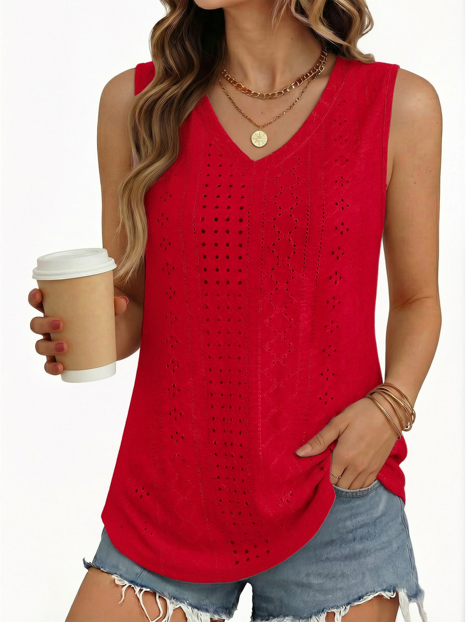 MOYIKO Tank Tops for Women Eyelet V Neck Trendy Sleeveless Tops Dressy Casual Flowy Summer Shirts Loose Fit