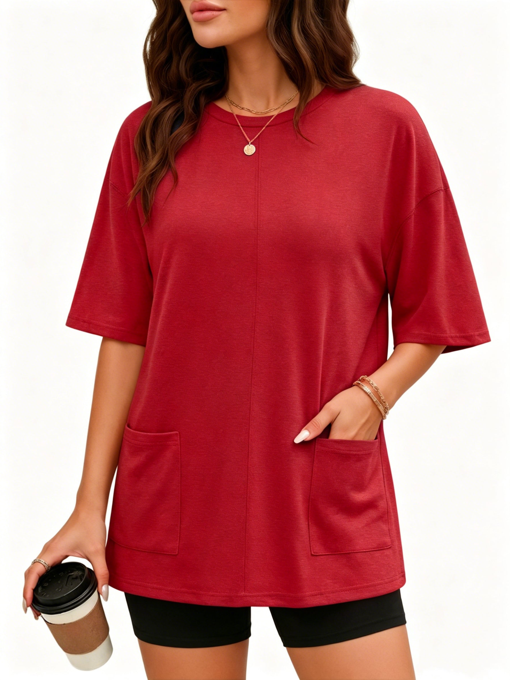 MOYIKO Oversized T Shirts for Women Half Sleeve Crewneck Loose Fit Tees Summer Tops with Pockets