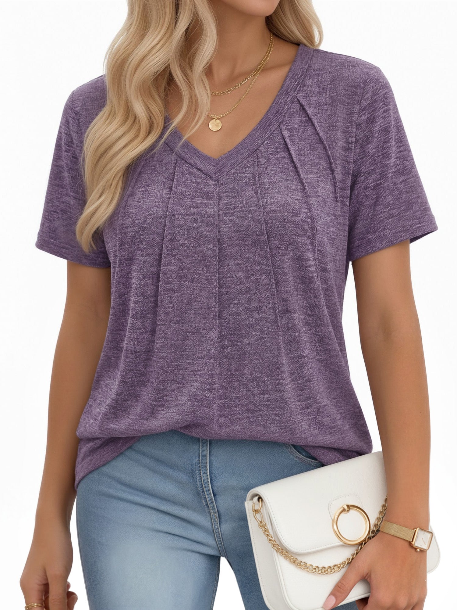 MOYIKO Blouses for Women Short Sleeve Shirts Dressy Casual V Neck Tunic Tops with Pleats