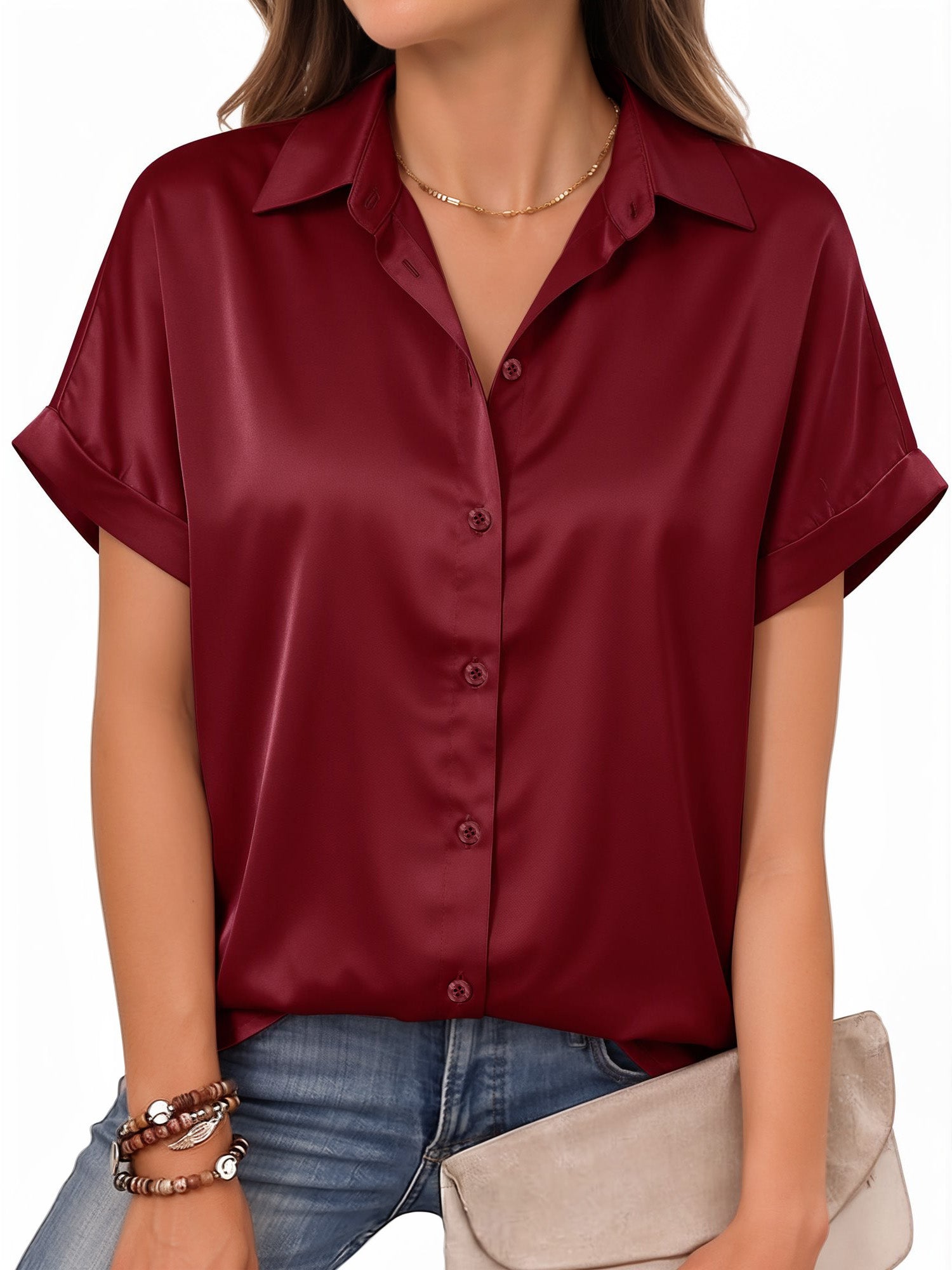 MOYIKO Women Button Blouse Satin Shirts Short Rolled Sleeve V Neck Summer Top Work Office Shirt