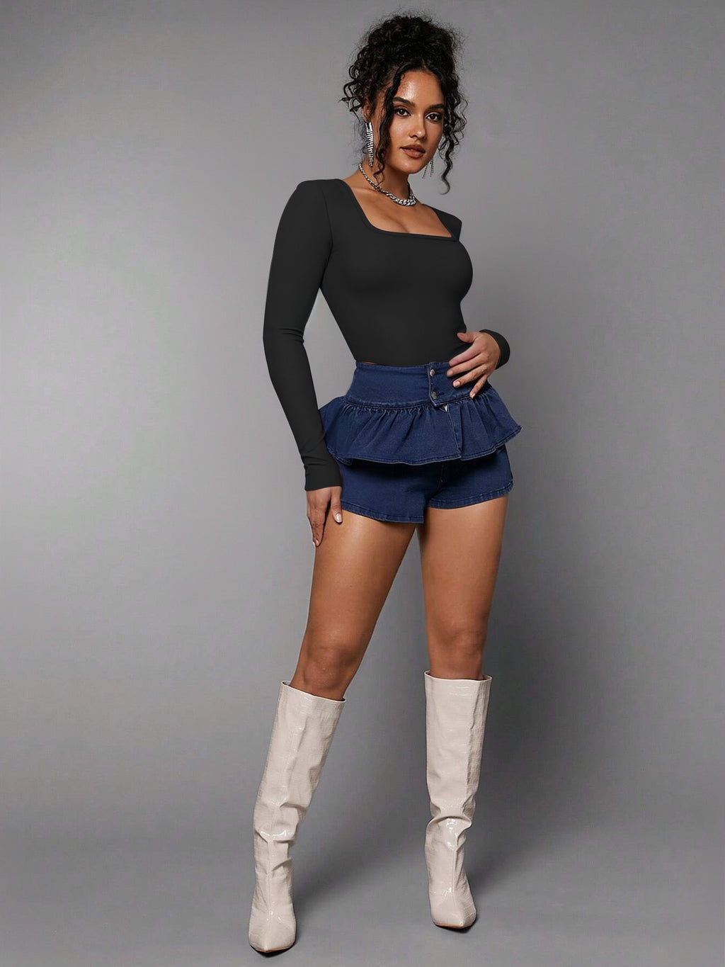 MOYIKO Square Neck Tops for Women Long Sleeve Body Suits Womens Fitted Tight Tops