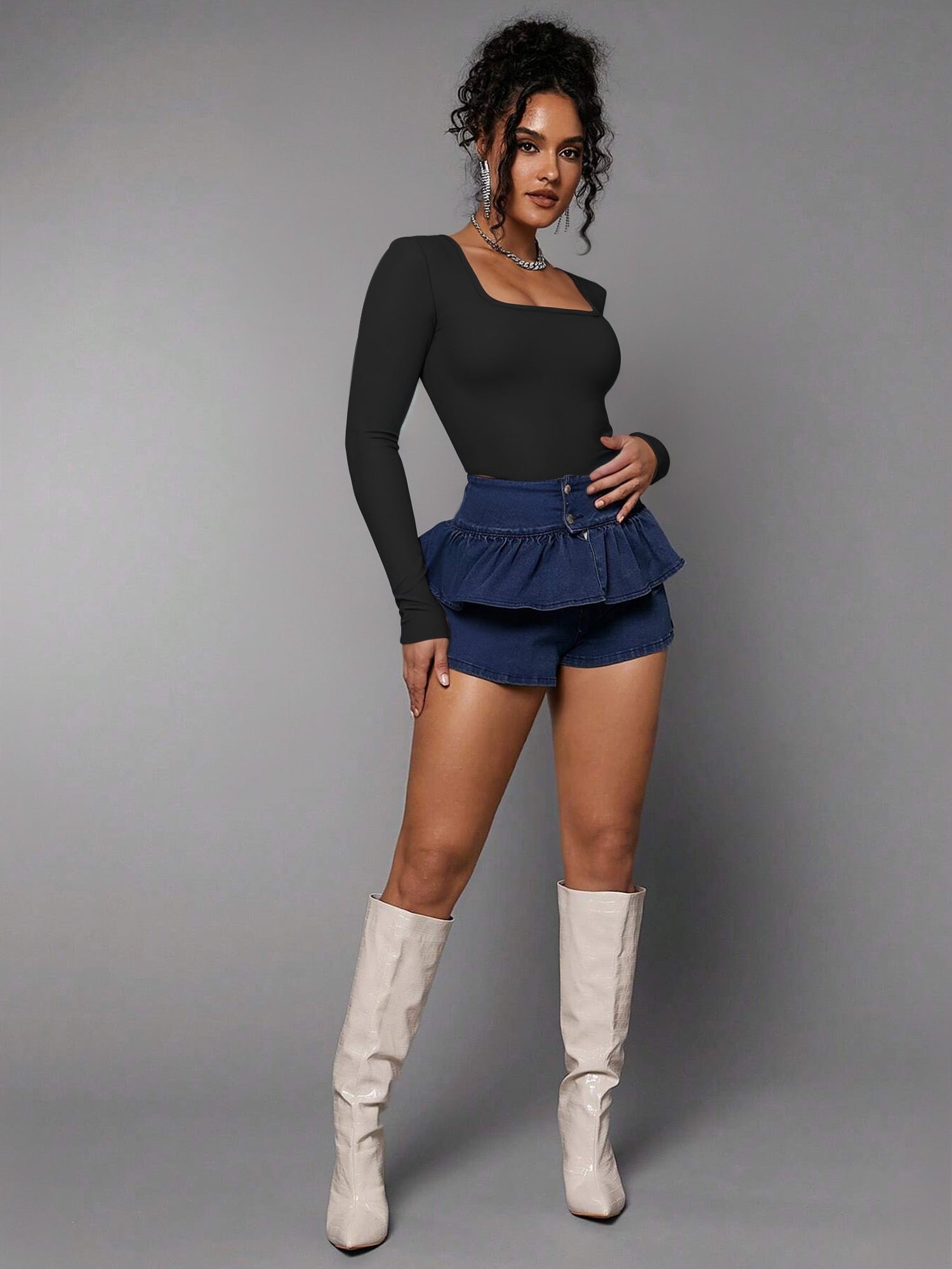 MOYIKO Square Neck Tops for Women Long Sleeve Body Suits Womens Fitted Tight Tops