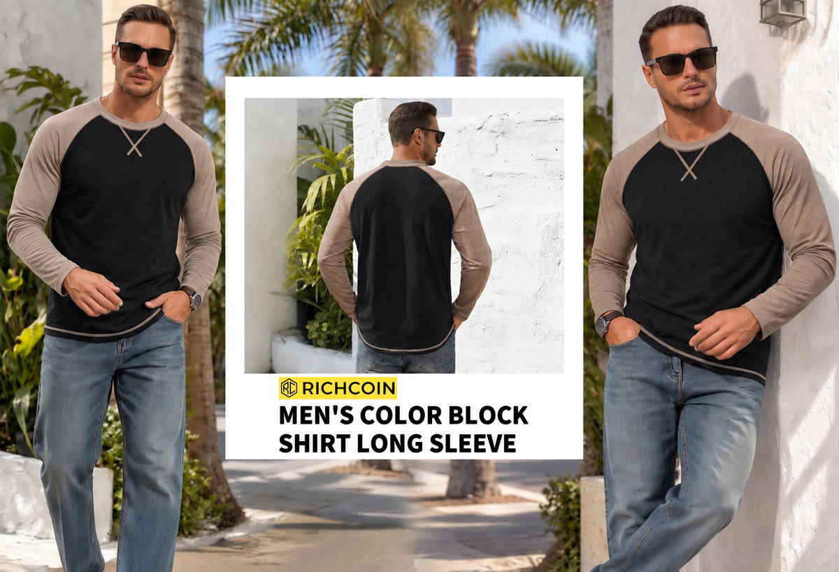 RICHCOIN Mens Raglan Long Sleeve Shirts Color Block Crew Neck Basic Casual T-Shirts