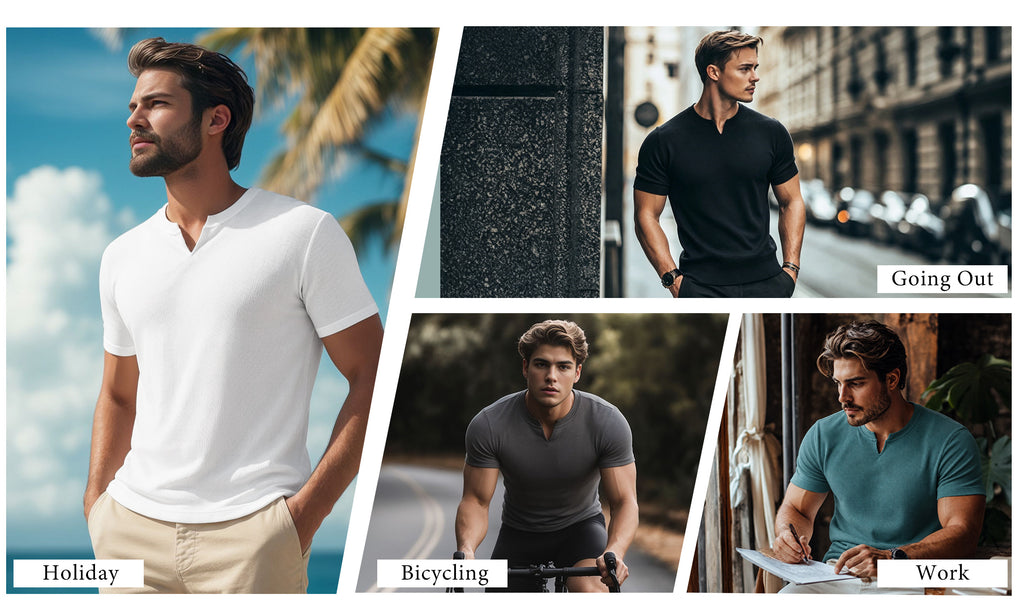 RICHCOIN Mens Muscle Slim T Shirts Texture V Neck Henley Gym Workout Athletic Tee Shirt