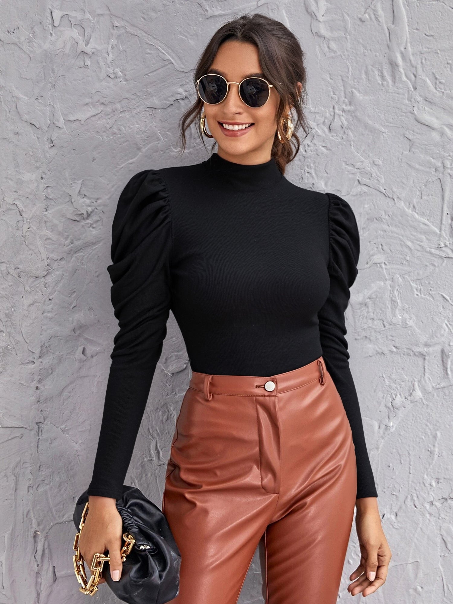 MOYIKO Mock Turtleneck for Women Long Sleeve Body Suits Womens Puff Sleeve Tops Business Casual