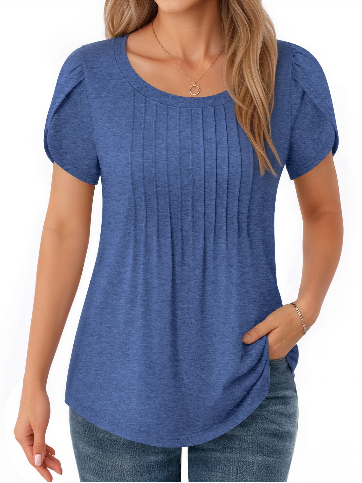 MOYIKO Womens T Shirts Petal Short Sleeve Summer Tops Pleated Tunic Round Neck Blouses Dressy Casual