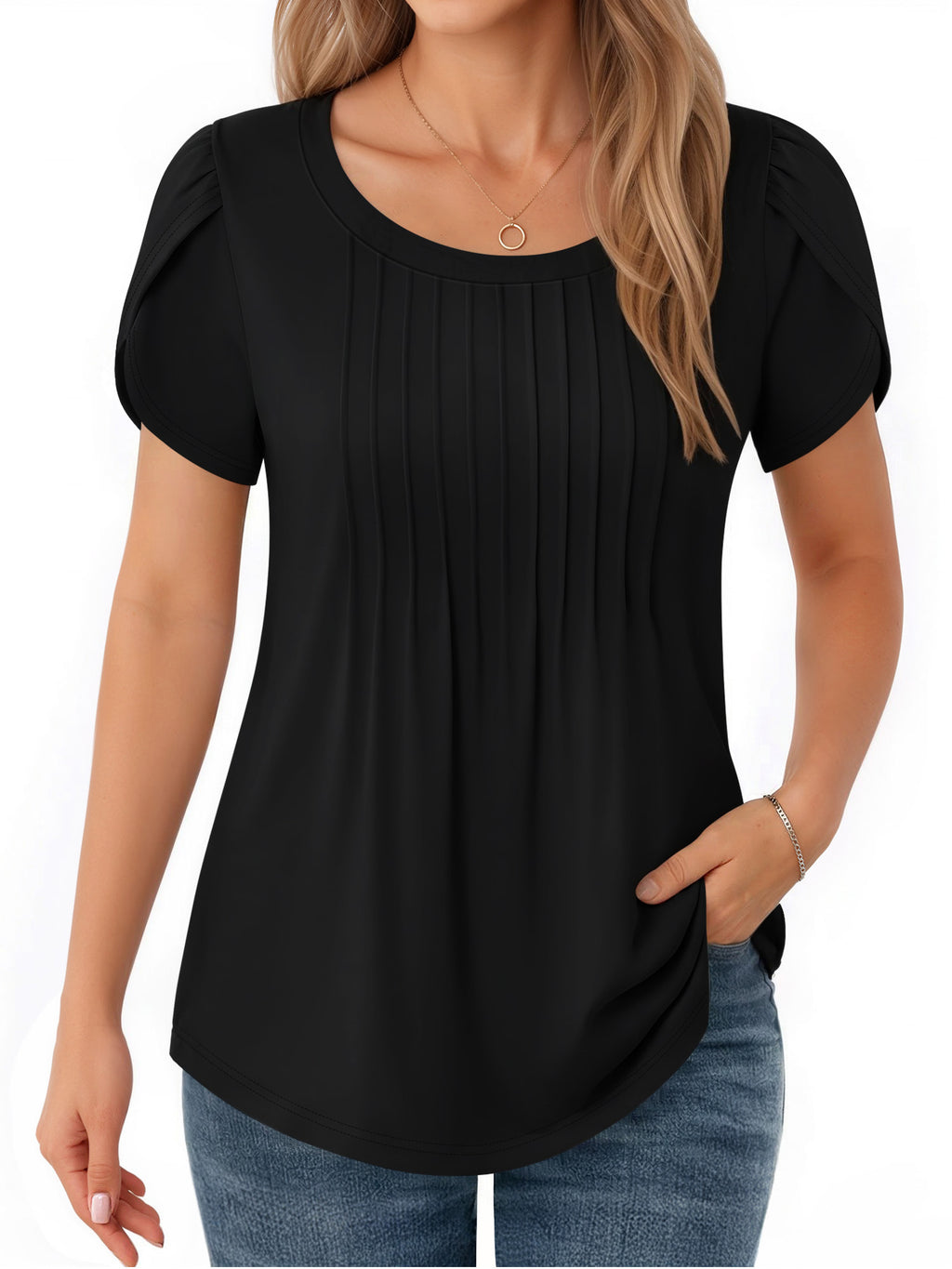 MOYIKO Womens T Shirts Petal Short Sleeve Summer Tops Pleated Tunic Round Neck Blouses Dressy Casual