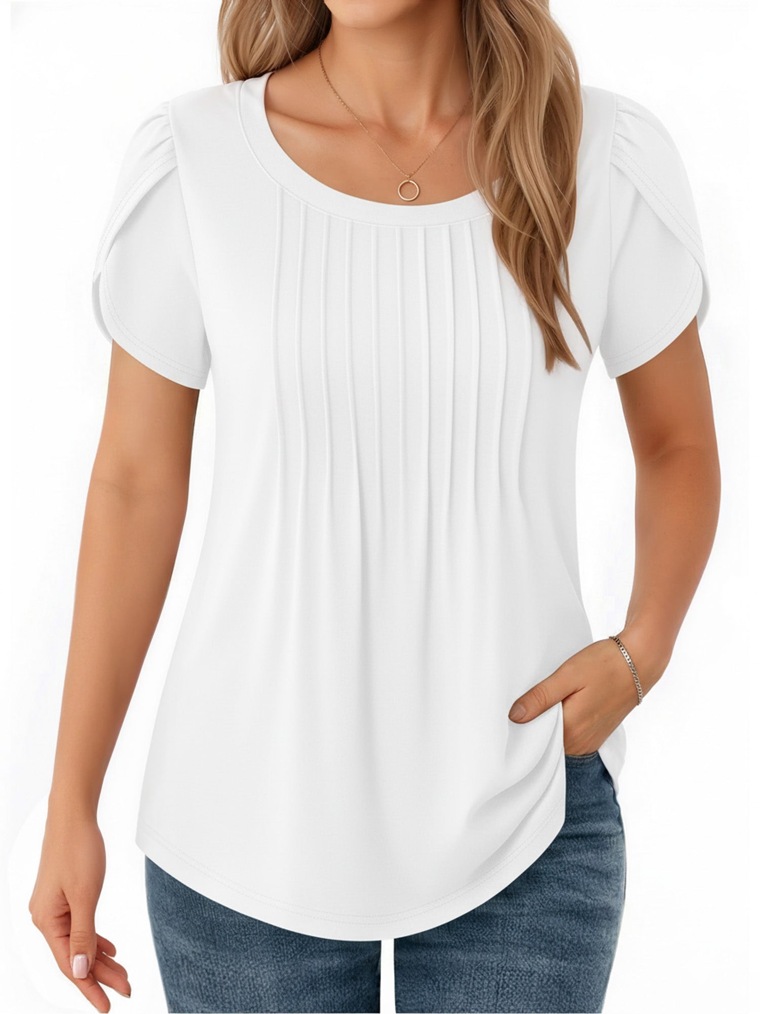 MOYIKO Womens T Shirts Petal Short Sleeve Summer Tops Pleated Tunic Round Neck Blouses Dressy Casual