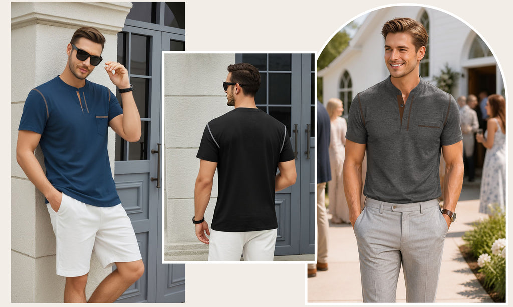RICHCOIN Henley Men Shirts Short Sleeve T Shirts for Men Summer Tops Classic Pocket Button Casual Color Block Blue Tees