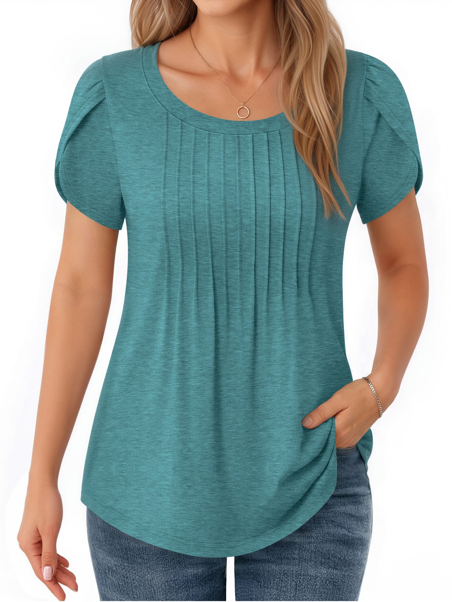 MOYIKO Womens T Shirts Petal Short Sleeve Summer Tops Pleated Tunic Round Neck Blouses Dressy Casual