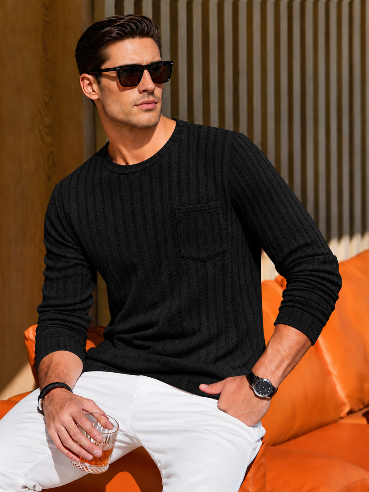 RICHCOIN Men's Crewneck T-Shirts Long Sleeve Shirts for Men Ribbed Knit Textured Solid Casual Pocket Basic Tee Tops