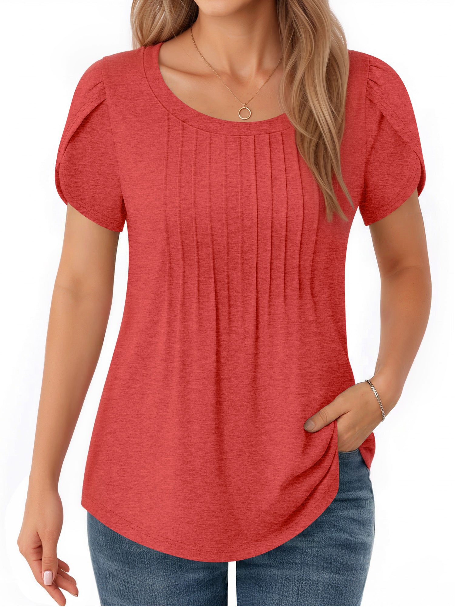 MOYIKO Womens T Shirts Petal Short Sleeve Summer Tops Pleated Tunic Round Neck Blouses Dressy Casual