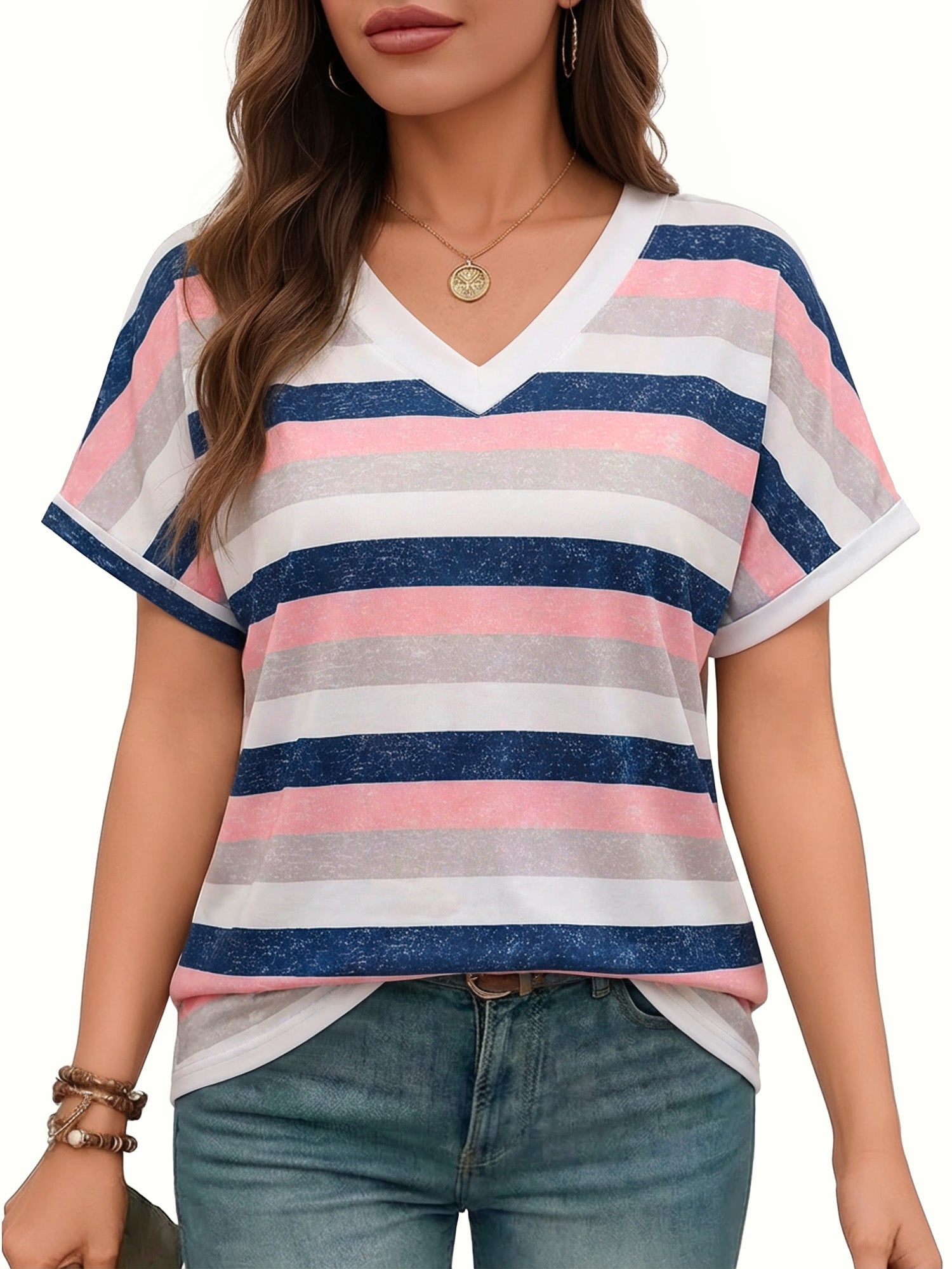 MOYIKO Womens Summer Tops Short Dolman Sleeve T Shirts V Neck Striped Loose Fit Casual Trendy Tees