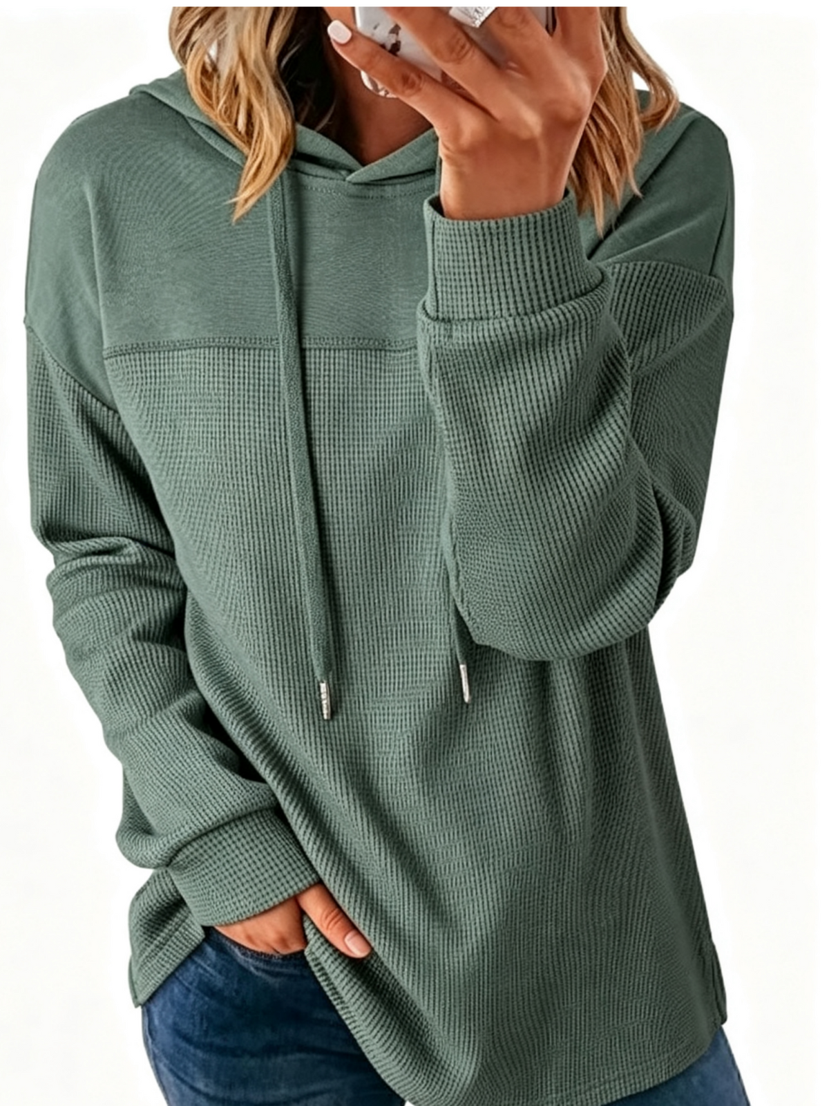 MOYIKO Hoodies for Women Waffle Knit Drawstring Long Sleeve Pullover Sweatshirts Casual Oversized Tops