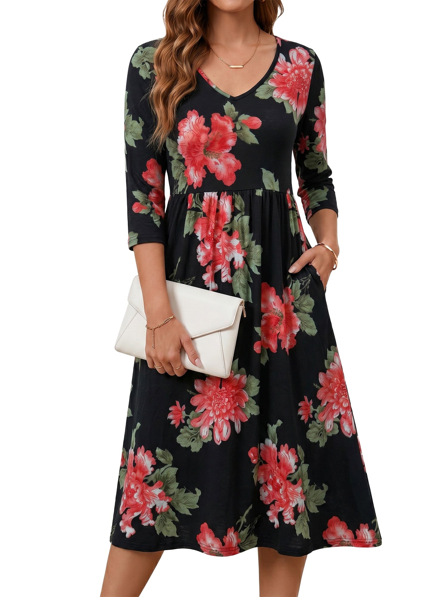 MOYIKO Dresses for Women Summer Casual Dress Floral Print 3/4 Sleeve Midi Beach Dresses