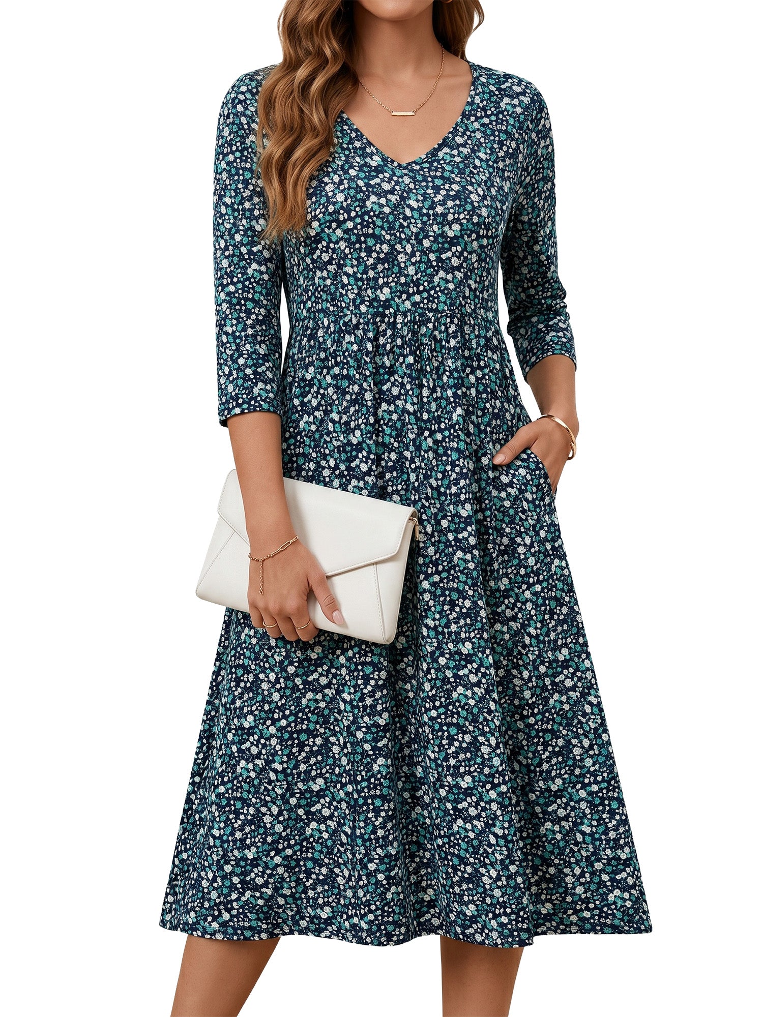 MOYIKO Dresses for Women Summer Casual Dress Floral Print 3/4 Sleeve Midi Beach Dresses