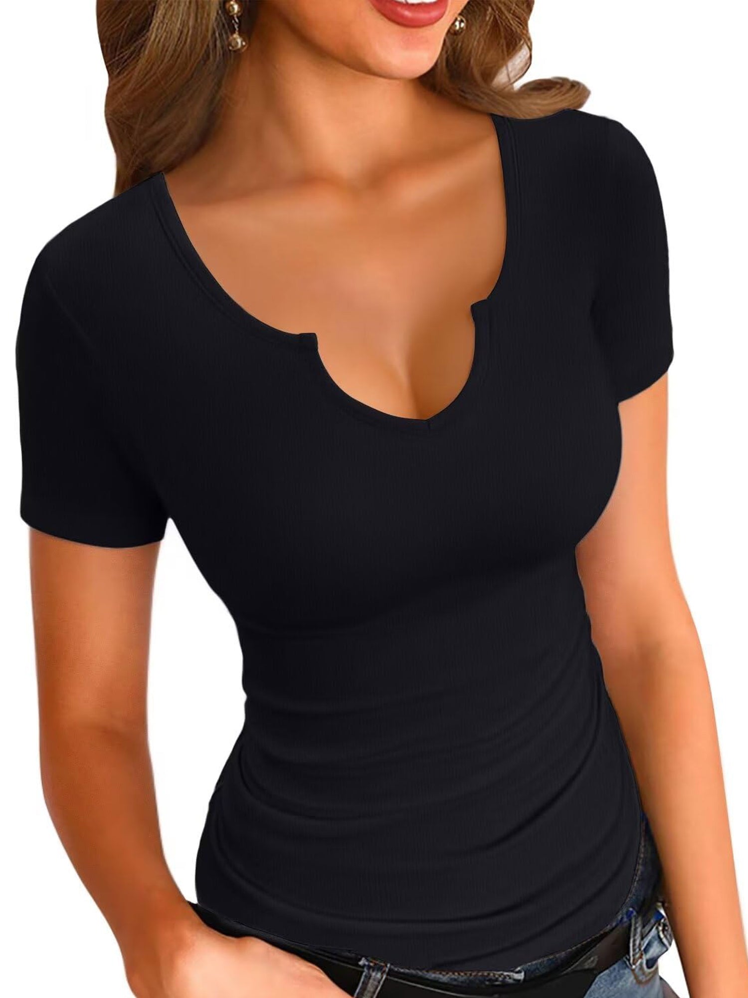 MOYIKO Notch V Neck T Shirts for Women Short Sleeve Slim Fitted Tees Tight Summer Tops