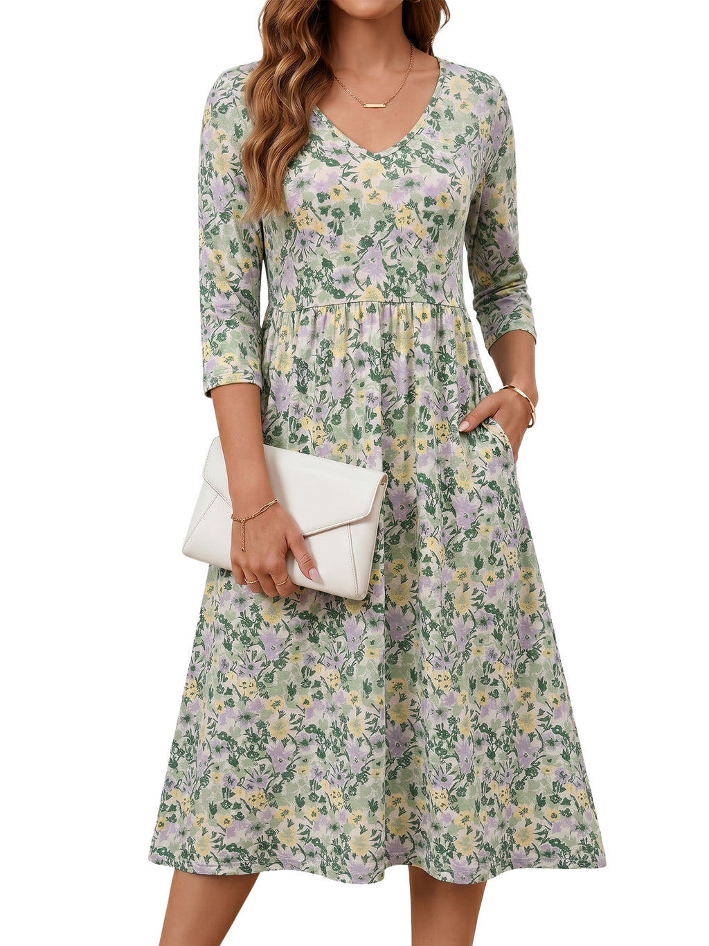 MOYIKO Dresses for Women Summer Casual Dress Floral Print 3/4 Sleeve Midi Beach Dresses