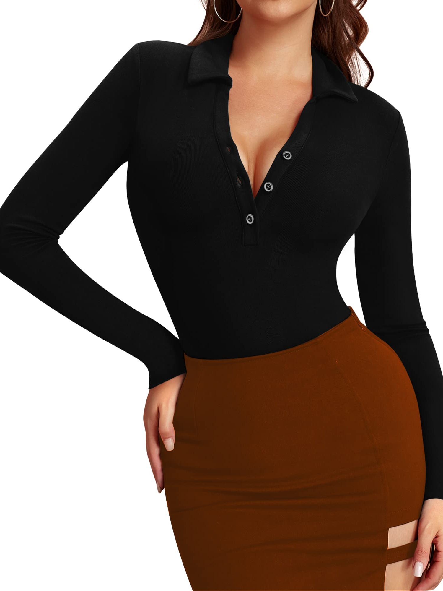 MOYIKO Polo Shirts for Women Long Sleeve Collared Button Down V Neck Tees Tops