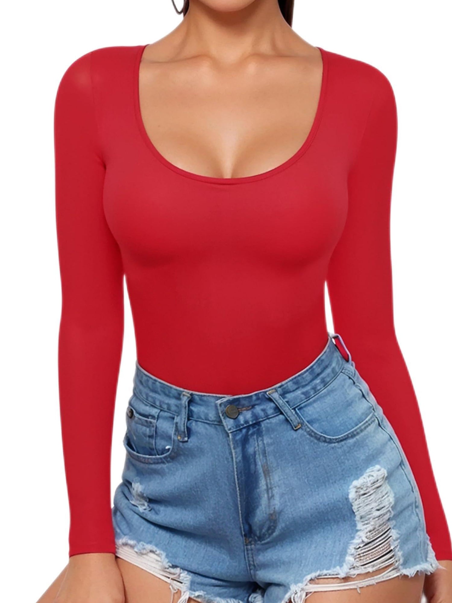 MOYIKO Scoop Neck Long Sleeve Shirts for Women Slim Fitted Tees Basic Tight Tops