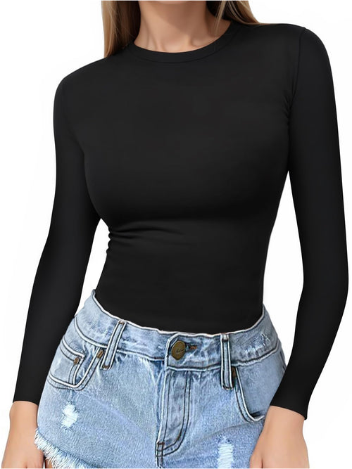 MOYIKO Crewneck Long Sleeve Shirts for Women Slim Fitted Tees Tight Basic Tops