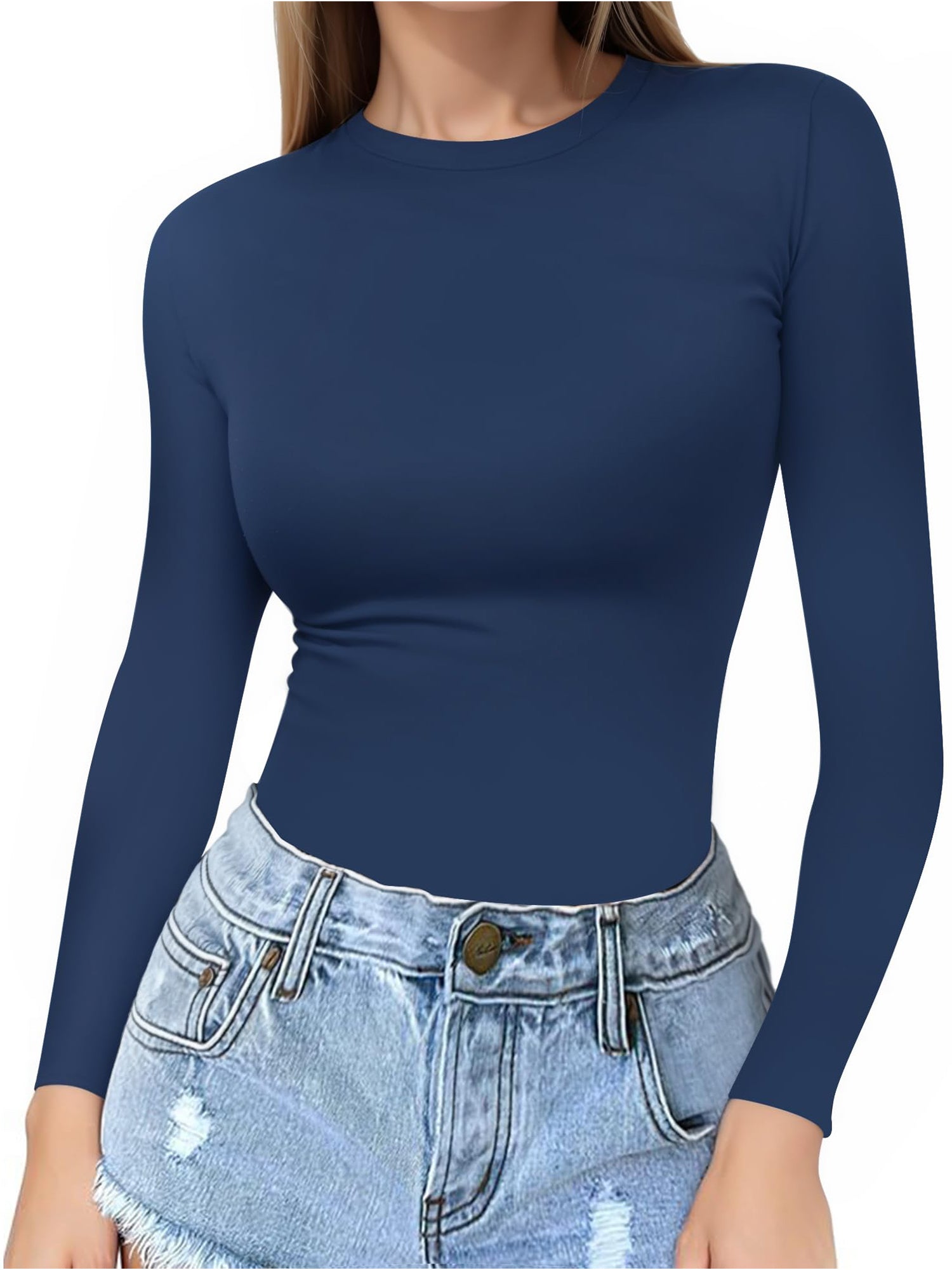 MOYIKO Crewneck Long Sleeve Shirts for Women Slim Fitted Tees Tight Basic Tops