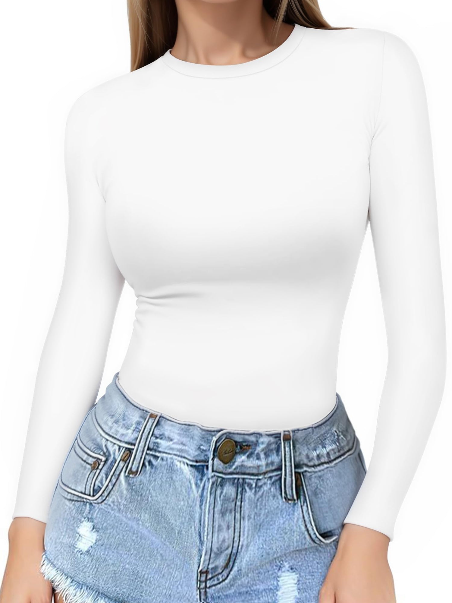 MOYIKO Crewneck Long Sleeve Shirts for Women Slim Fitted Tees Tight Basic Tops