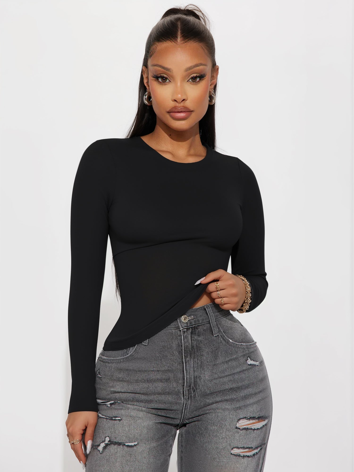 MOYIKO Crewneck Long Sleeve Shirts for Women Slim Fitted Tees Tight Basic Tops