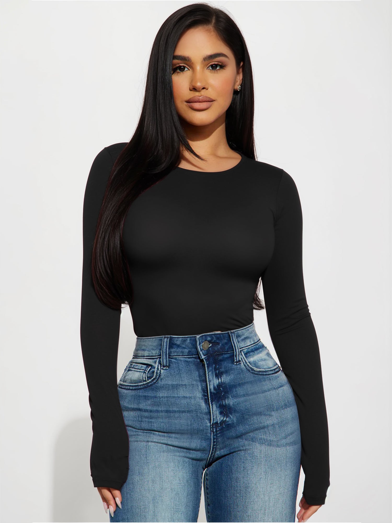 MOYIKO Crewneck Long Sleeve Shirts for Women Slim Fitted Tees Tight Basic Tops