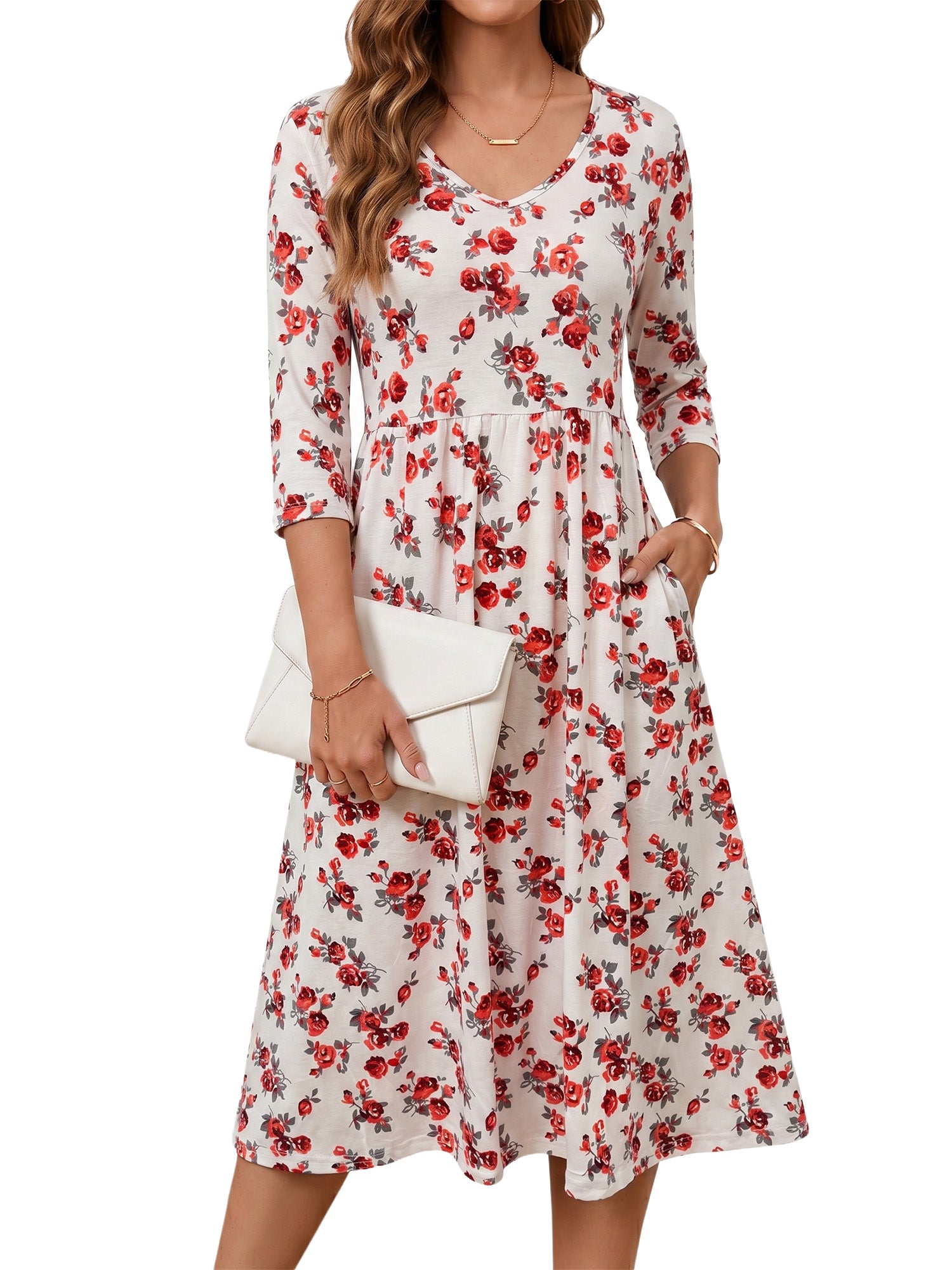 MOYIKO Dresses for Women Summer Casual Dress Floral Print 3/4 Sleeve Midi Beach Dresses