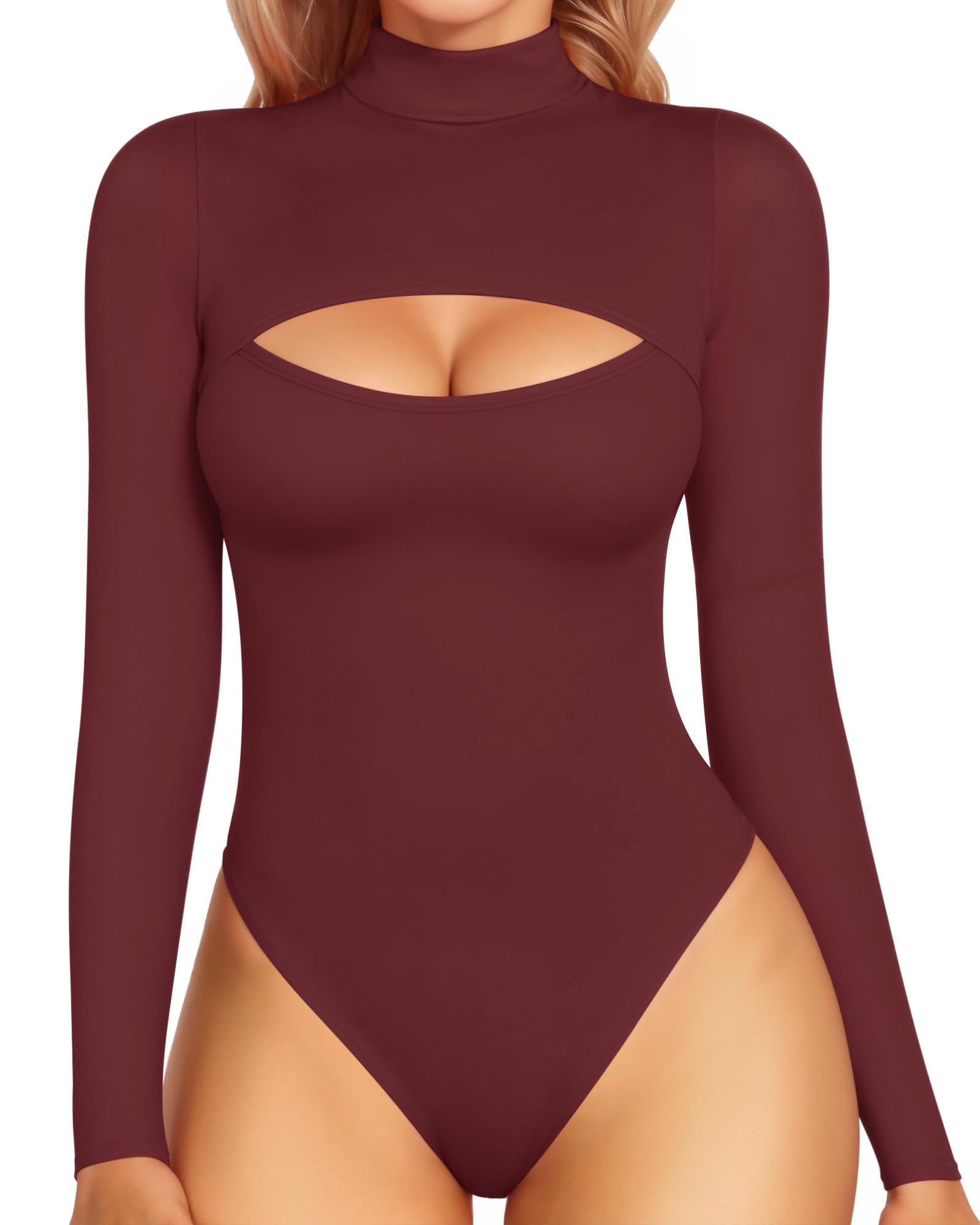 MOYIKO Mock Neck Cutout Front Tops Long Sleeve Body Suits for Womens Fitted Tight Tops