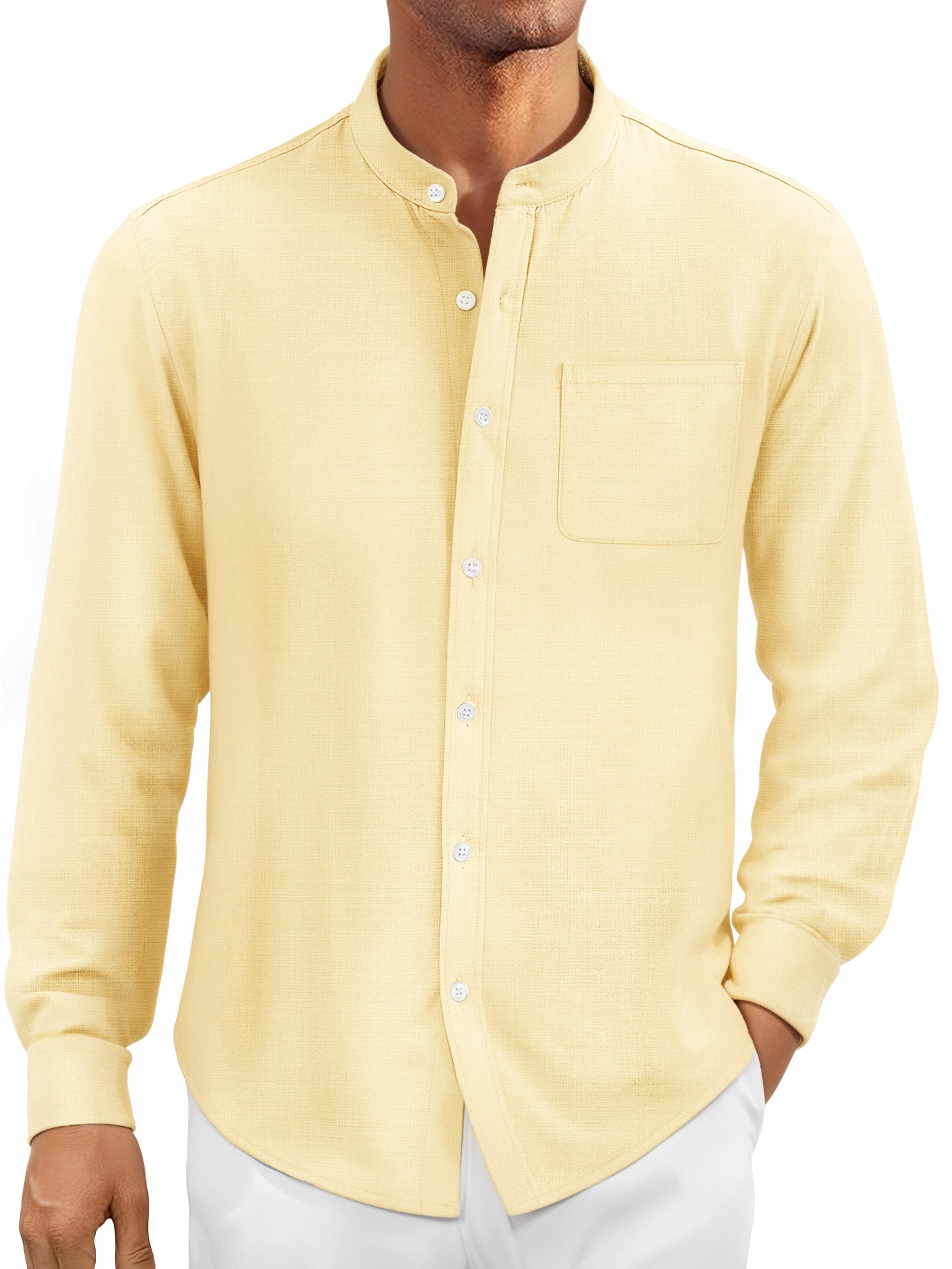 OALUXE Men's Linen Shirts Long Sleeve Button Down Shirt Band Collar Casual Summer Beach Shirts