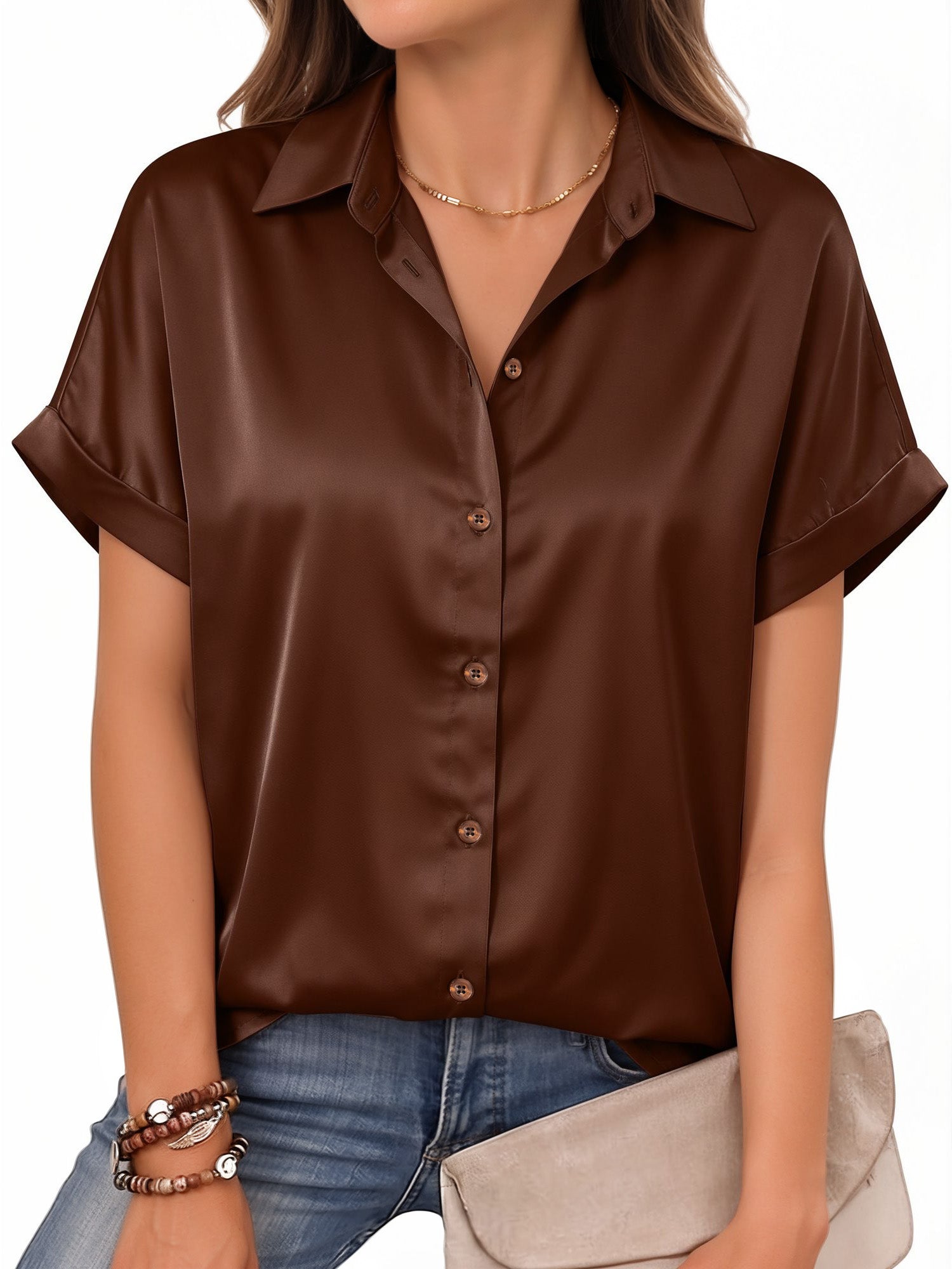 MOYIKO Women Button Blouse Satin Shirts Short Rolled Sleeve V Neck Summer Top Work Office Shirt