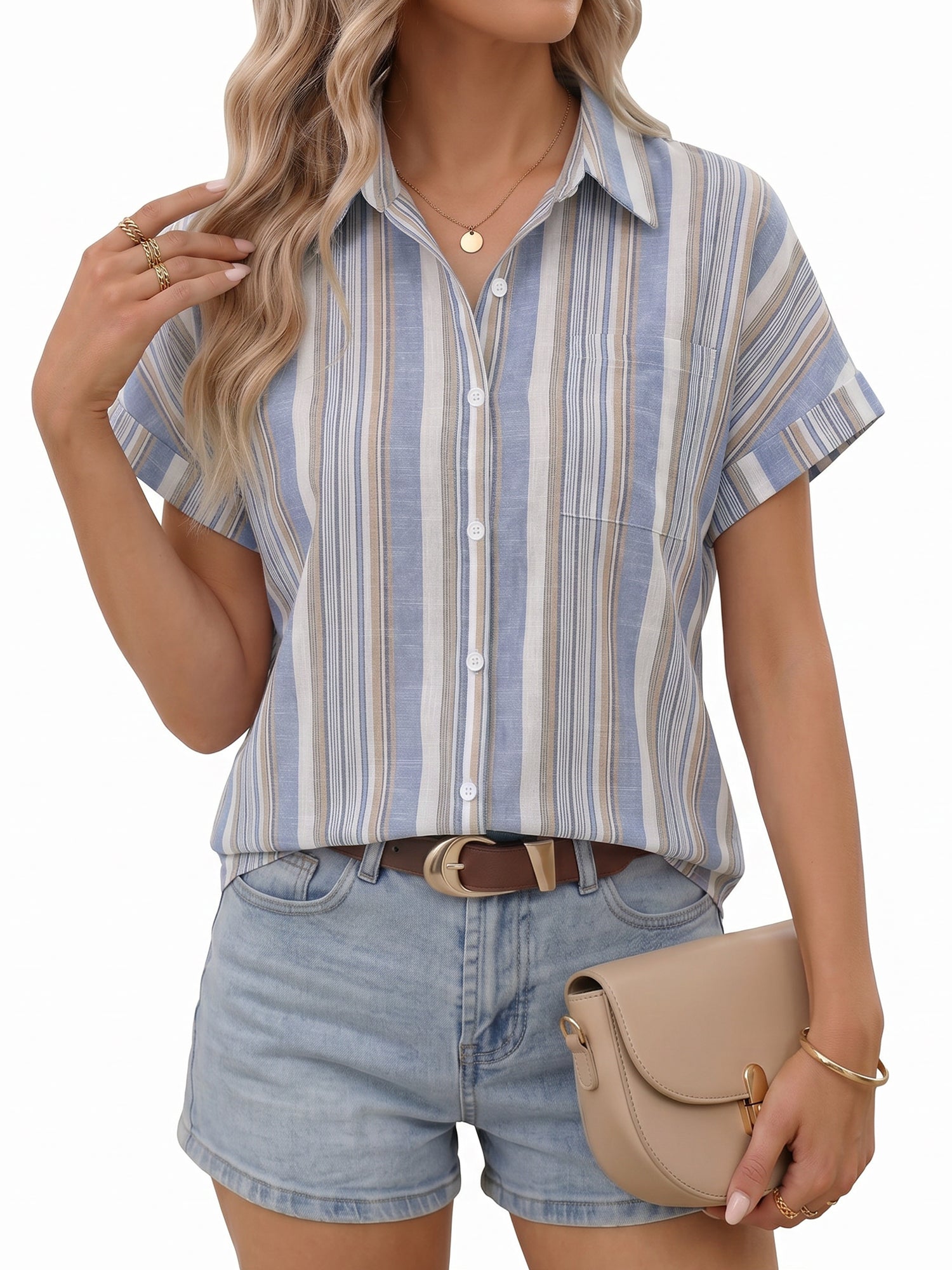 MOYIKO Womens Short Sleeve Striped Shirts Casual Button Down V Neck Work Blouses Tops