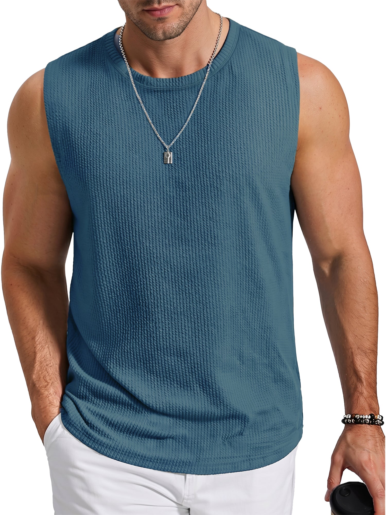 RICHCOIN Mens Tank Top Round Neck Sleeveless Muscle Shirts Lightweight Summer Beach Textured Black Tee
