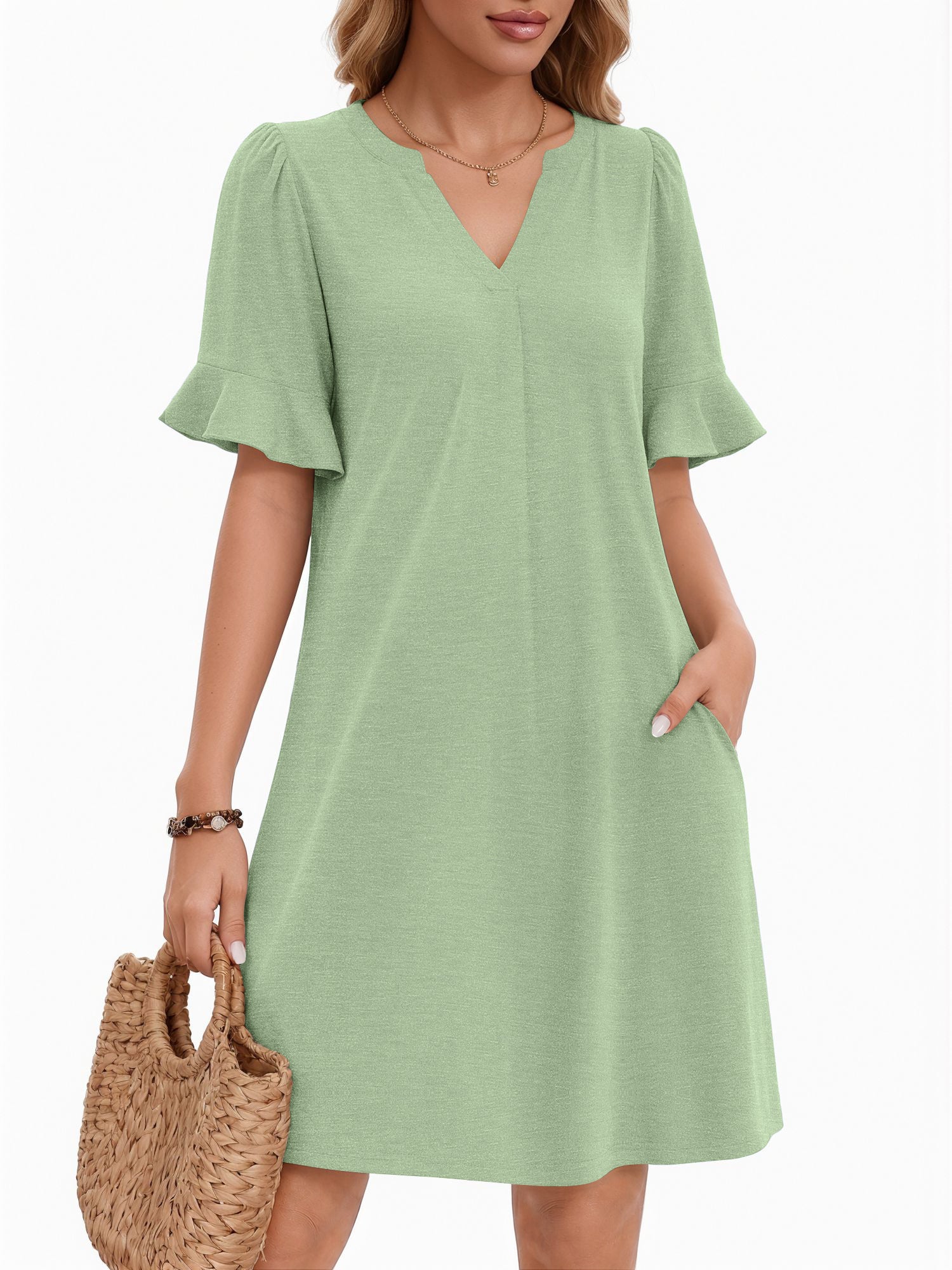 MOYIKO Summer Dresses for Women V Neck Sundress Short Ruffle Sleeve Shift Dress Casual Beach Dress with Pockets