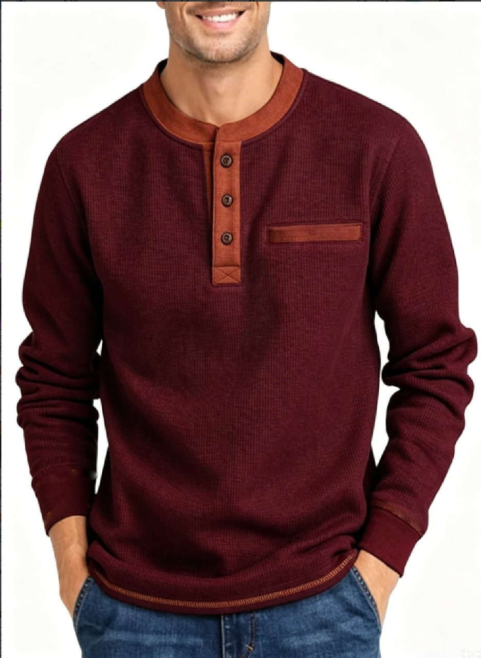 RICHCOIN Henley shirts for Men Long Sleeve Crewneck Color Block T-Shirt Casual Waffle Knit Tops with Pocket