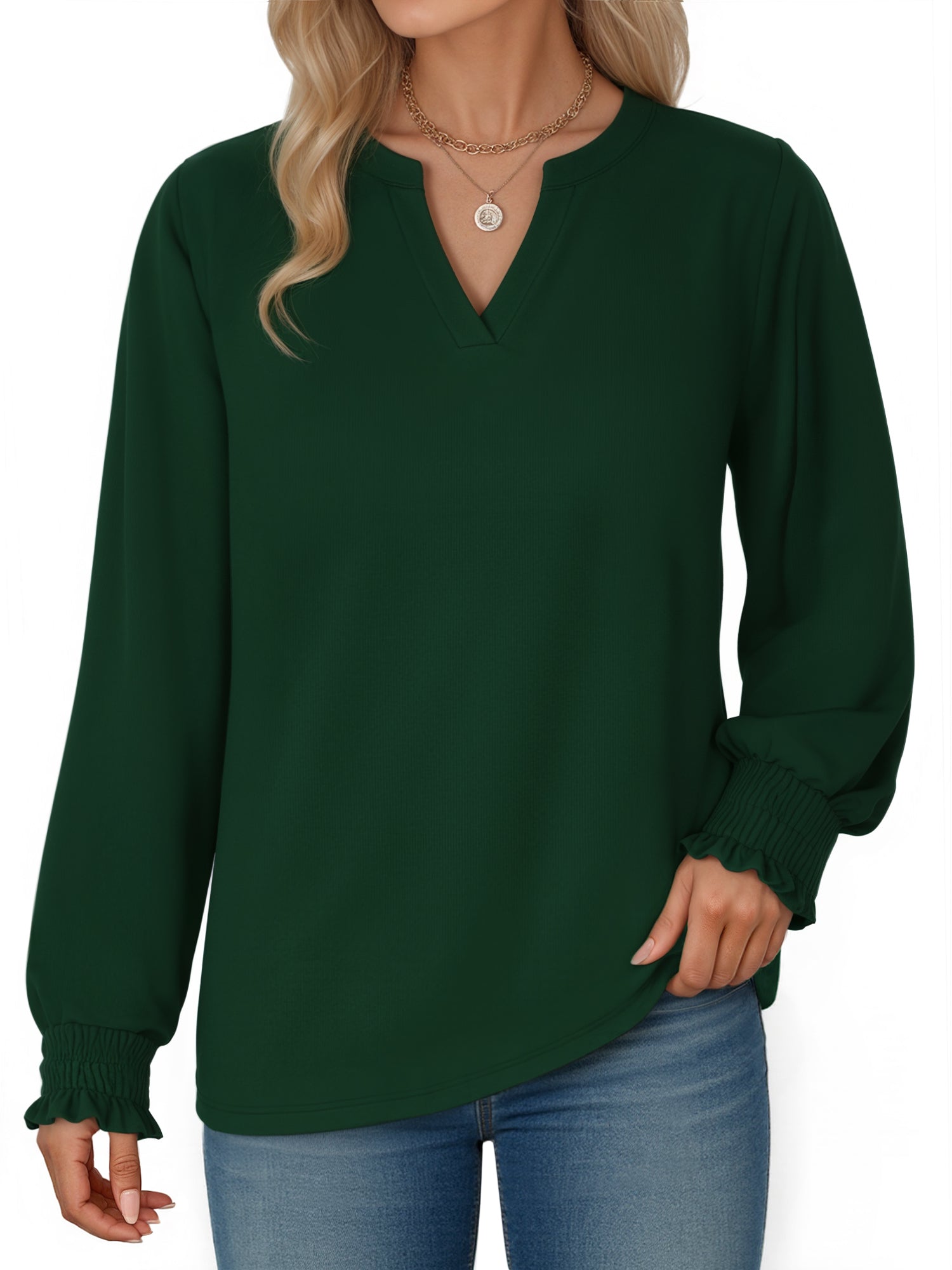 OALUXE Blouses for Women Long Sleeve Shirts V Neck Smocked Cuffs Tunic Tops