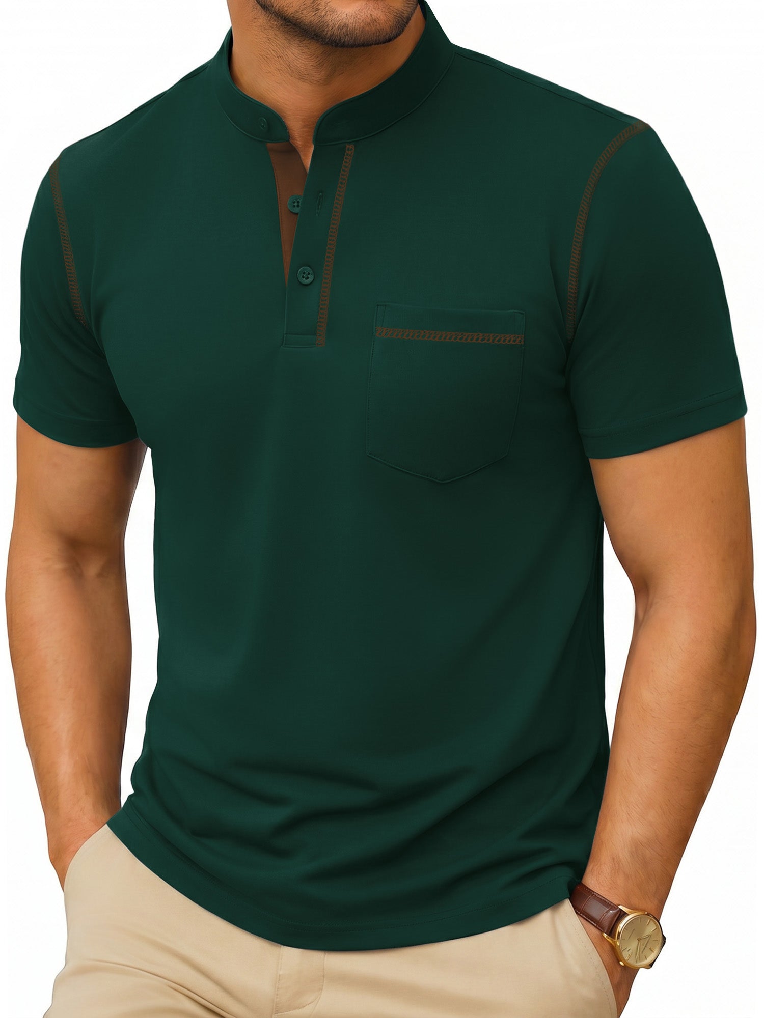 RICHCOIN Henley Men Shirts Short Sleeve T Shirts for Men Summer Tops Classic Pocket Button Casual Color Block Blue Tees