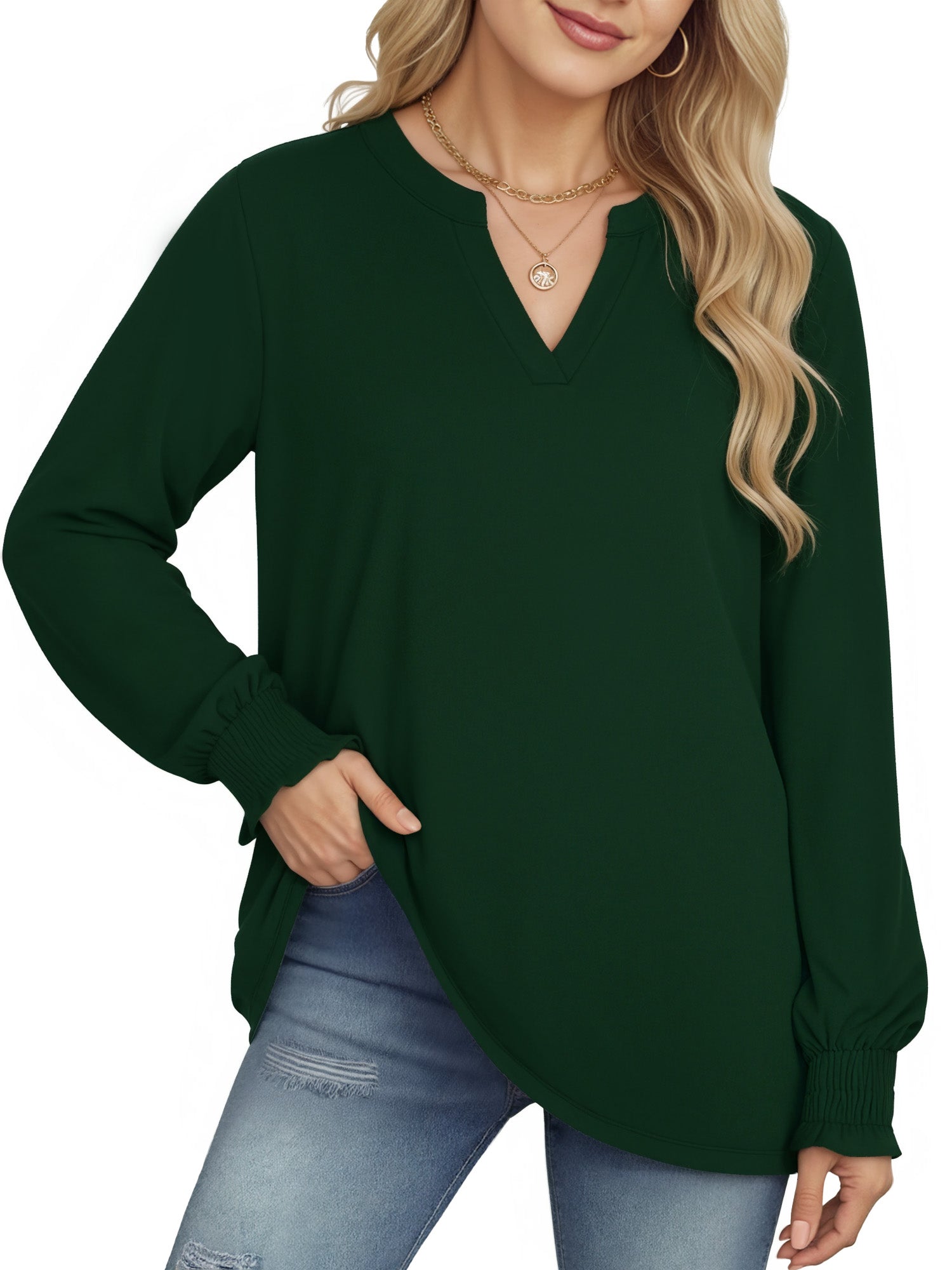 OALUXE Blouses for Women Long Sleeve Shirts V Neck Smocked Cuffs Tunic Tops