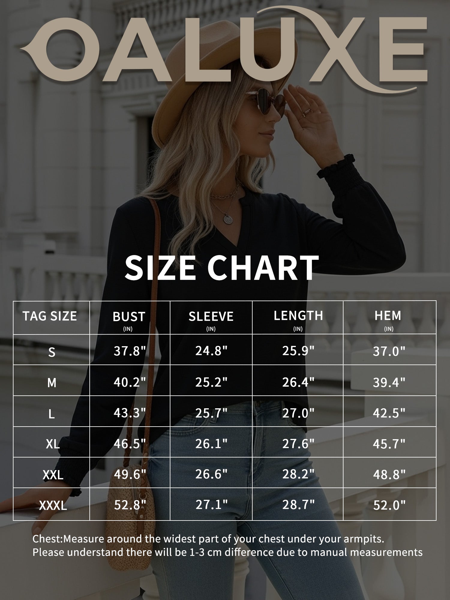 OALUXE Blouses for Women Long Sleeve Shirts V Neck Smocked Cuffs Tunic Tops