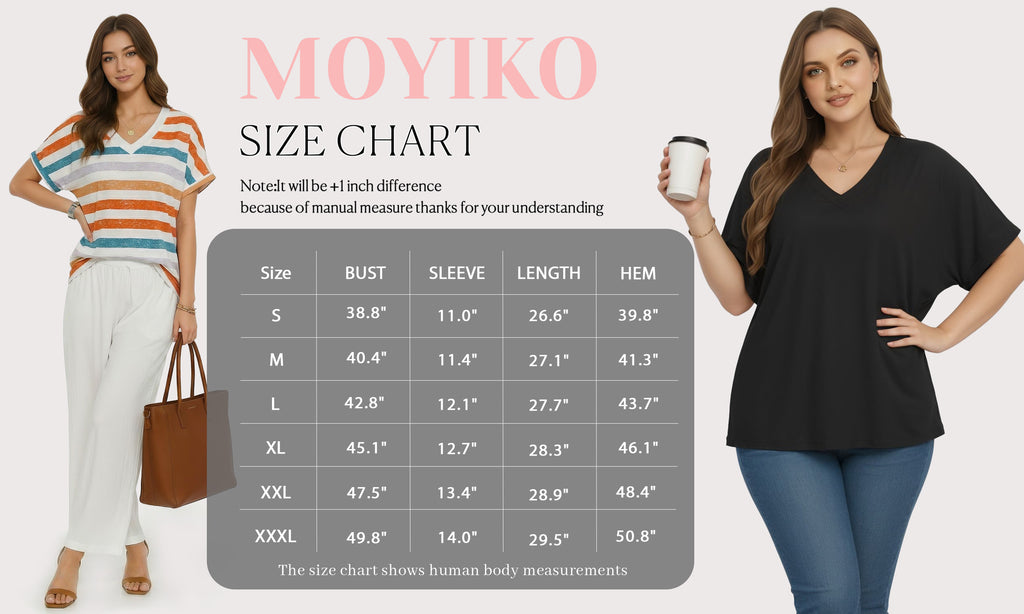 MOYIKO Womens Summer Tops Short Dolman Sleeve T Shirts V Neck Striped Loose Fit Casual Trendy Tees