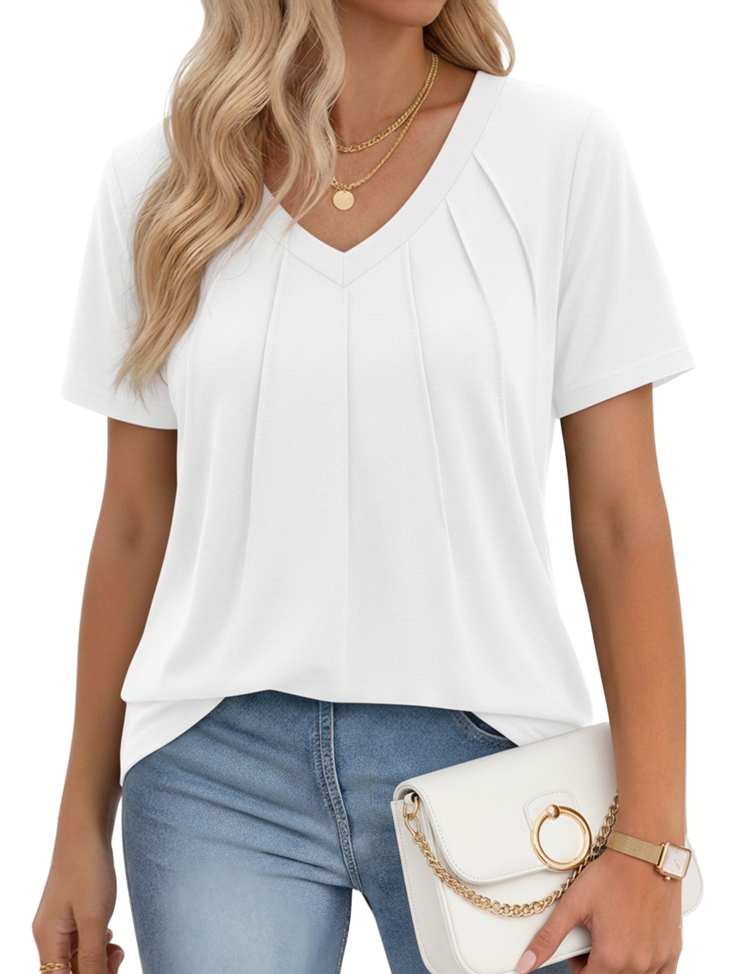 MOYIKO Blouses for Women Short Sleeve Shirts Dressy Casual V Neck Tunic Tops with Pleats