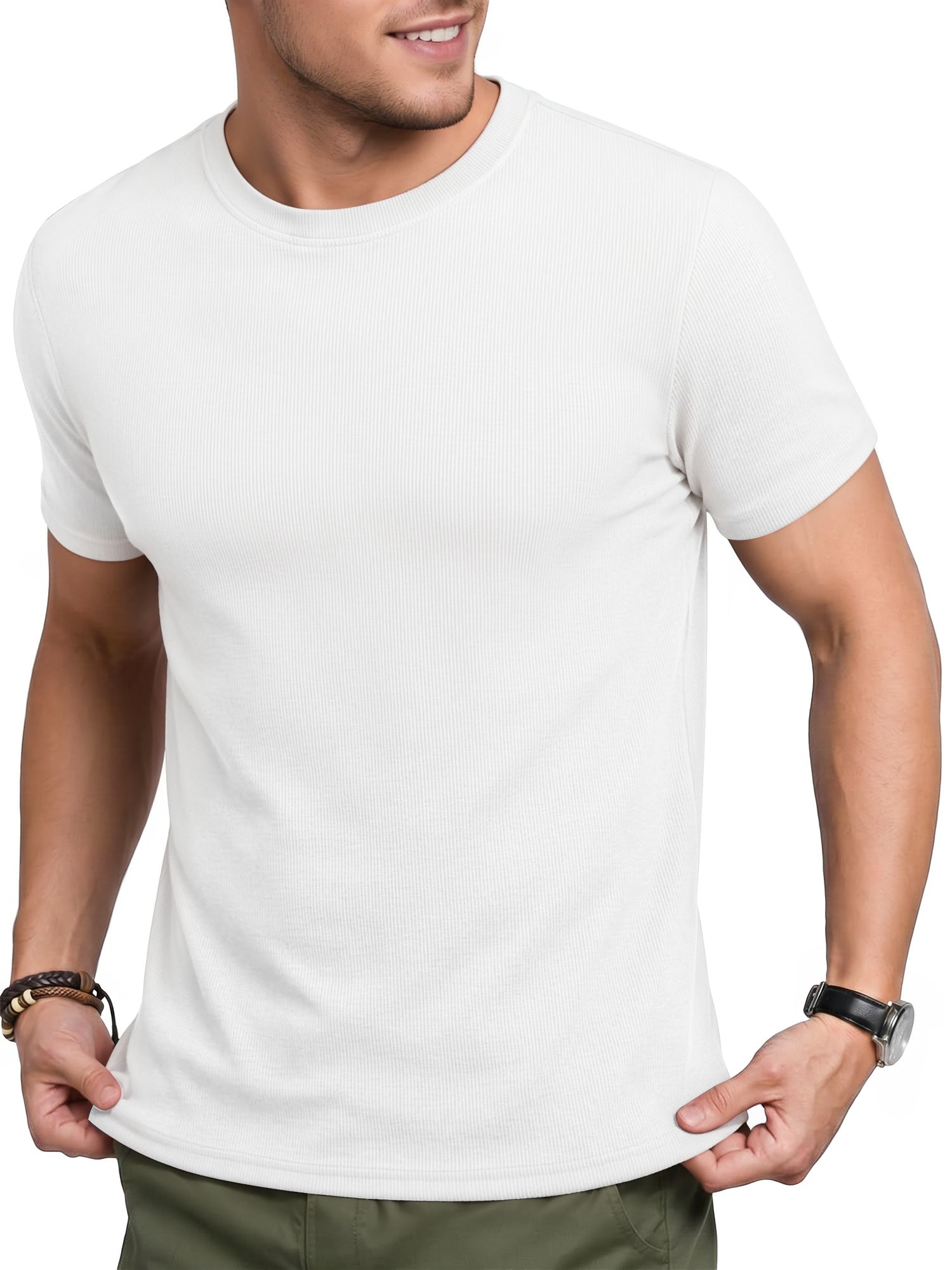 RICHCOIN Men Ribbed Summer Top Short Sleeve Crewneck Basic T-shirt White Casual Solid Color Muscle Tee Shirts