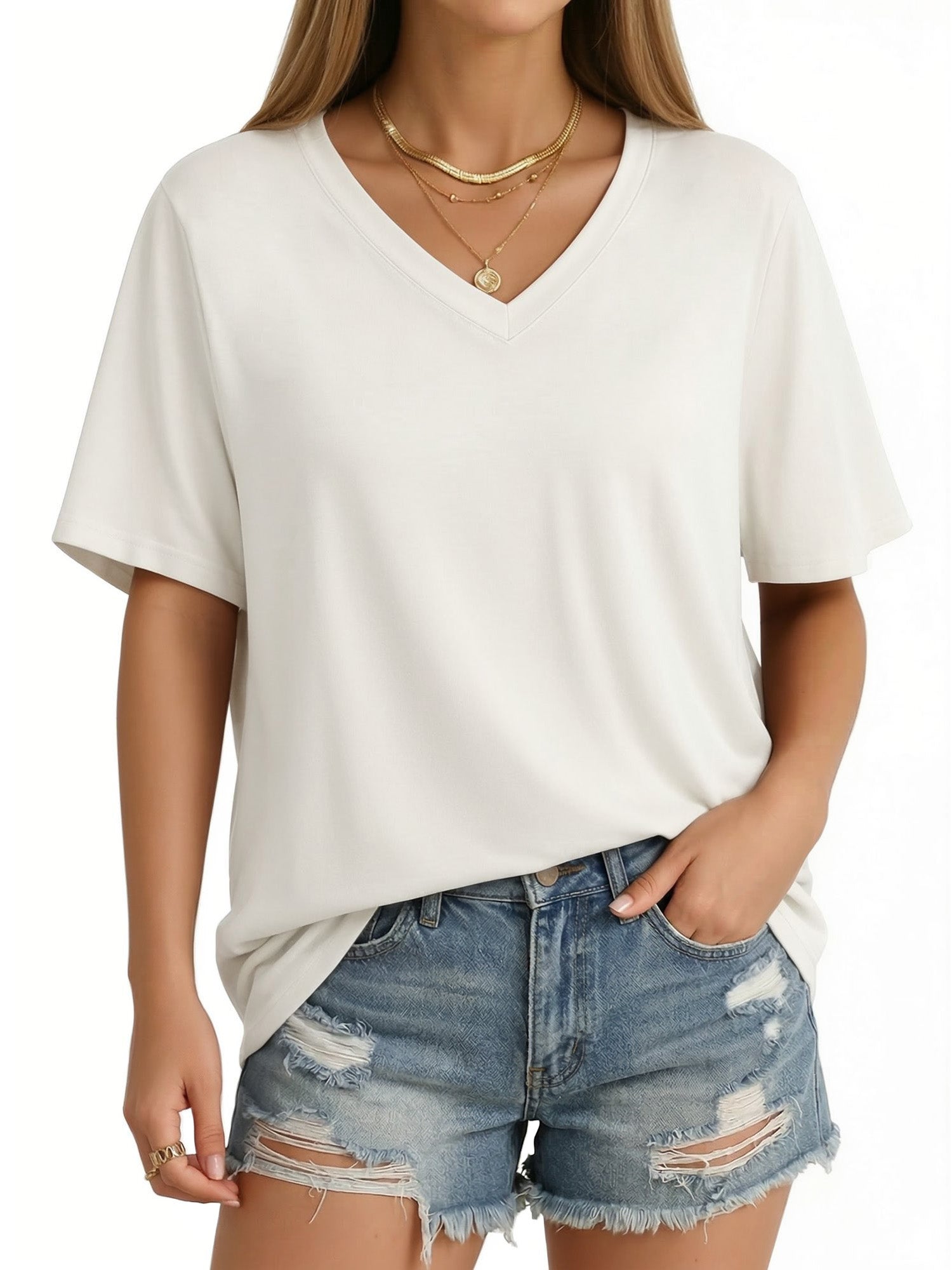 MOYIKO T Shirts Short Sleeve V Neck Tees for Women Fashion Trendy Tops Casual Summer Clothes