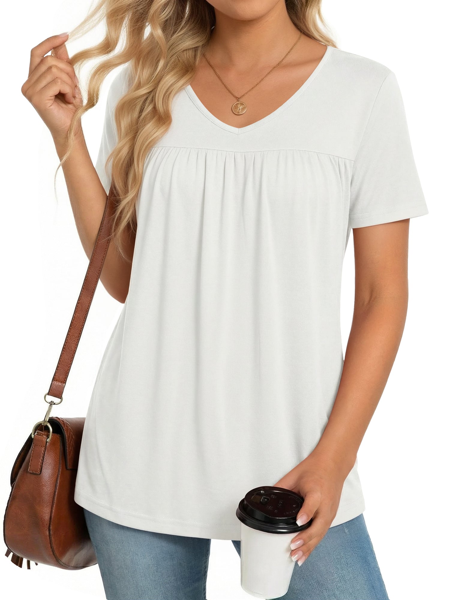 MOYIKO Womens T Shirts Short Sleeve Pleated Peplum Babydoll Summer Tops V Neck Dressy Casual Tunic