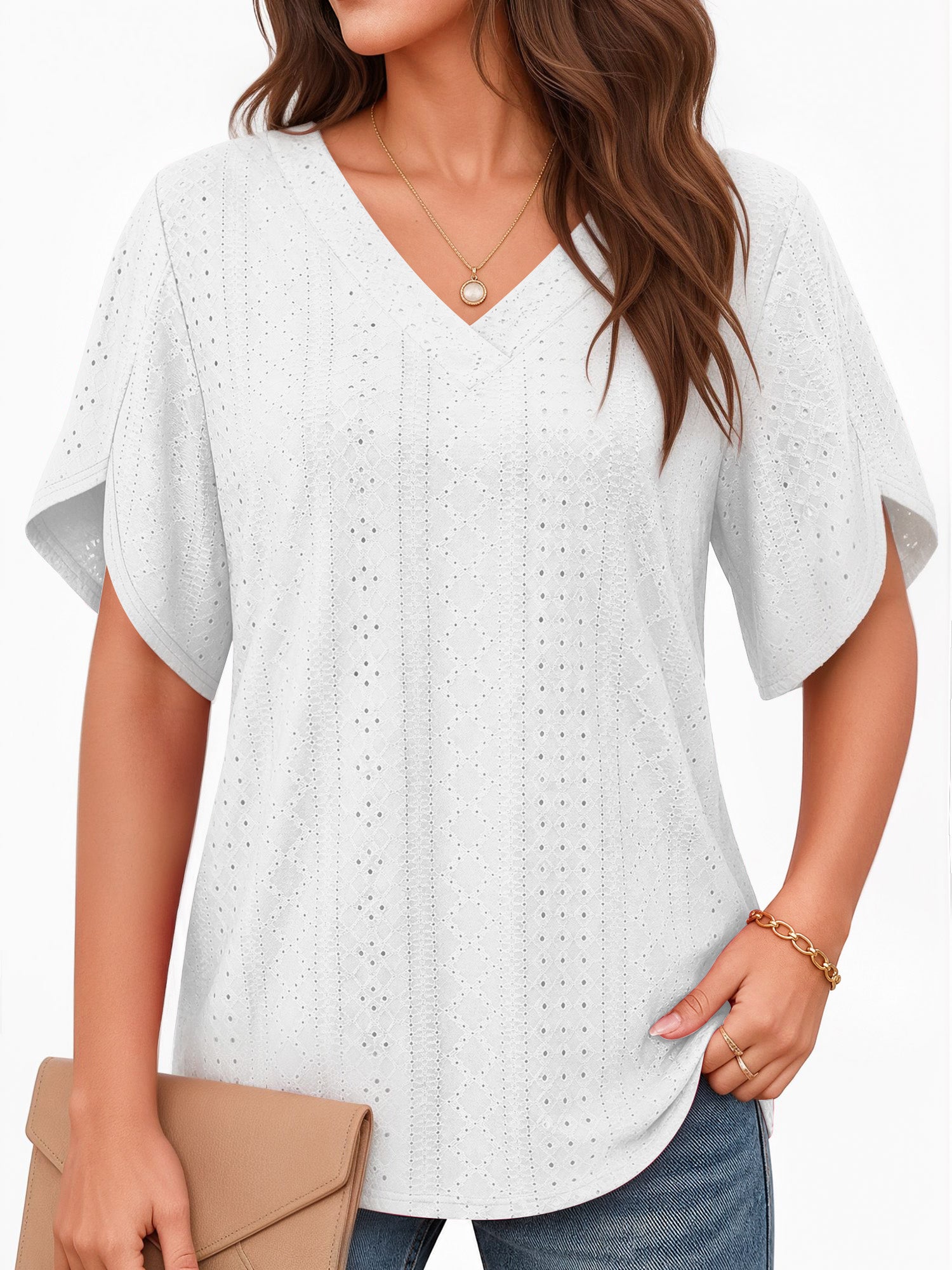 MOYIKO Eyelet Blouses for Women Dressy Casual V Neck Short Sleeve T Shirts Summer Trendy Basic Tees Tunic Tops Loose Fit